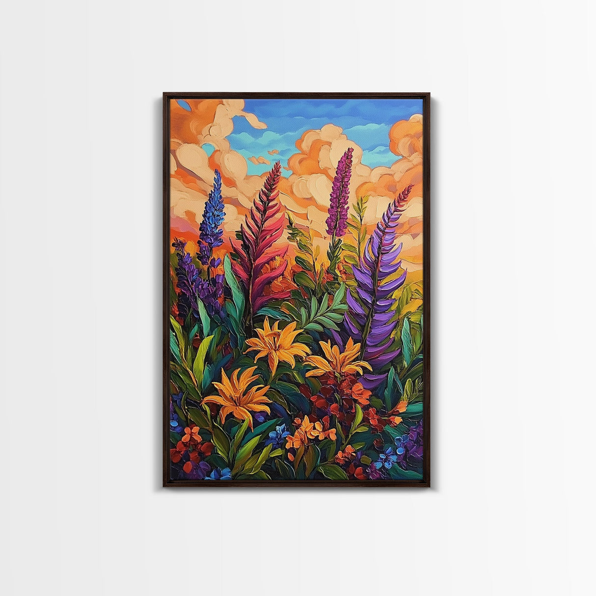 Vibrant Autumn, Blooms, Landscape, Framed Canvas Print, Bright Wildflower Artwork, Living Room Wall Art, Colorful Fall Floral Boho Painting