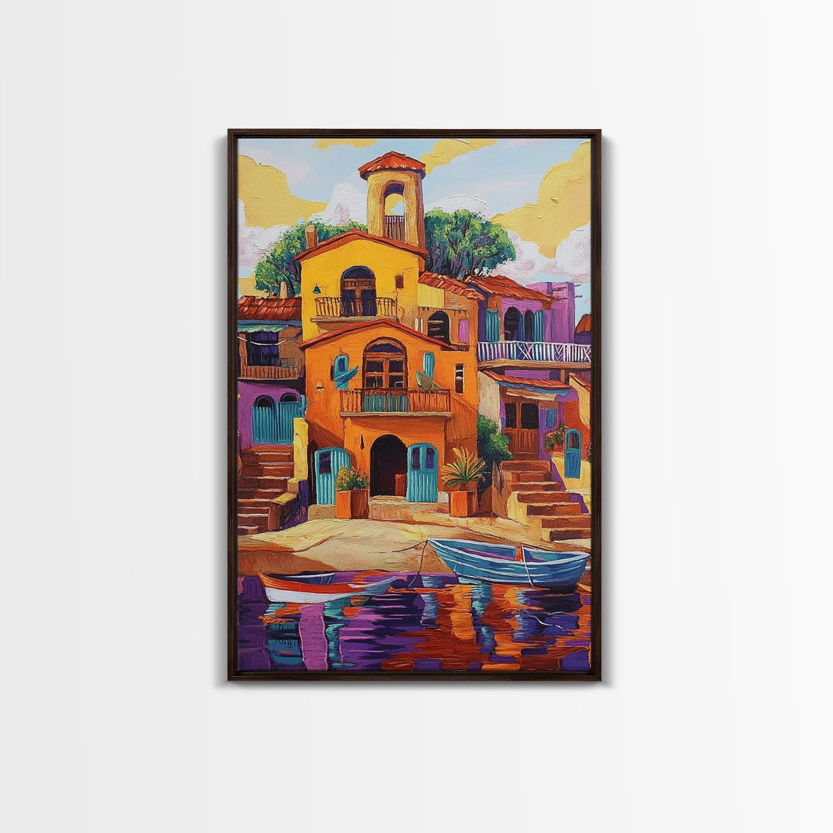 Village Boats, Reflections, Summer, Framed Canvas Print, coastal village wall art, Mediterranean canvas, kitchen decor, nautical rustic home