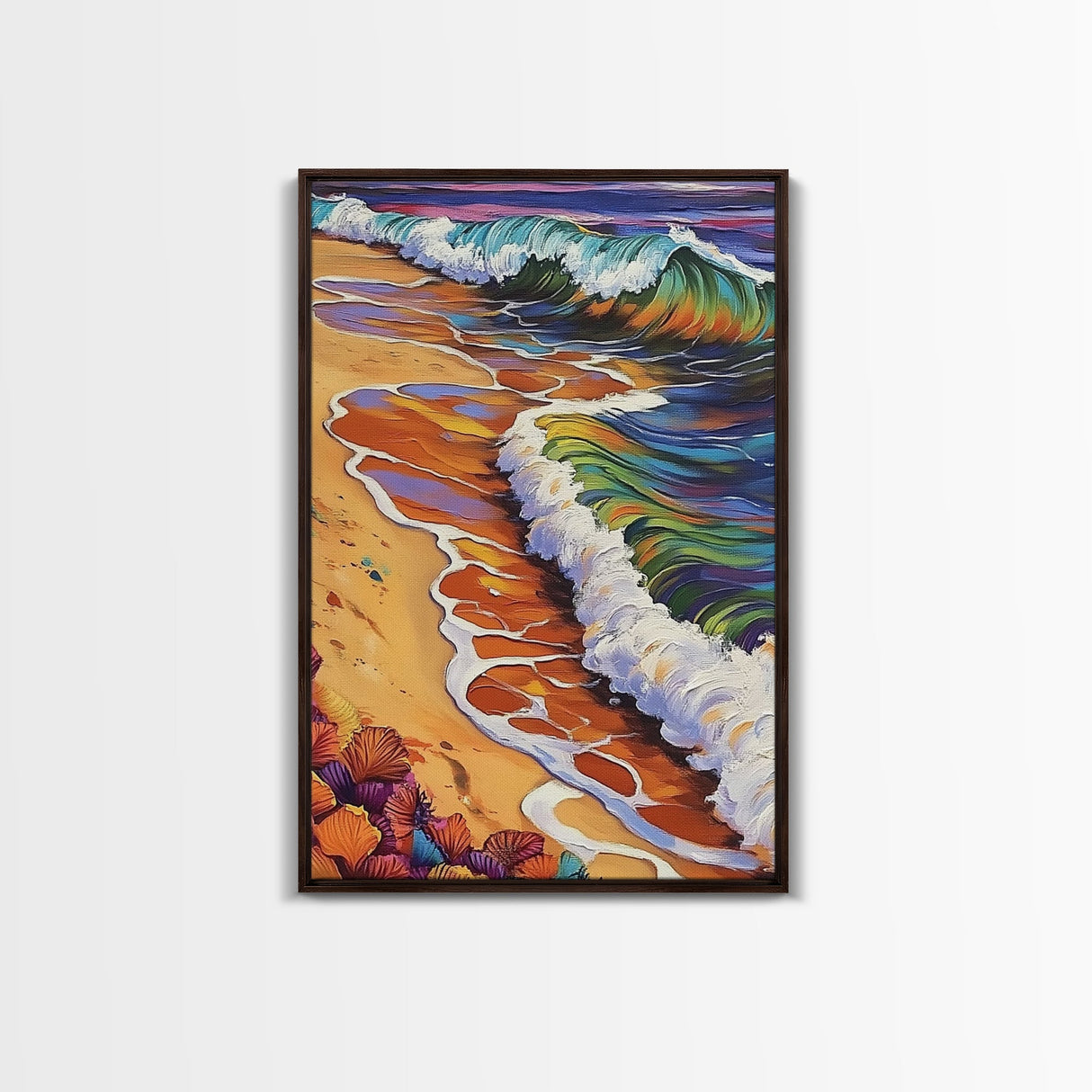 Beach Waves, Sunset, Framed Canvas Print, Vibrant Coastal Wall Art, Tropical Ocean Decor, Colorful Living Room Wall Art, Boho Beach Print