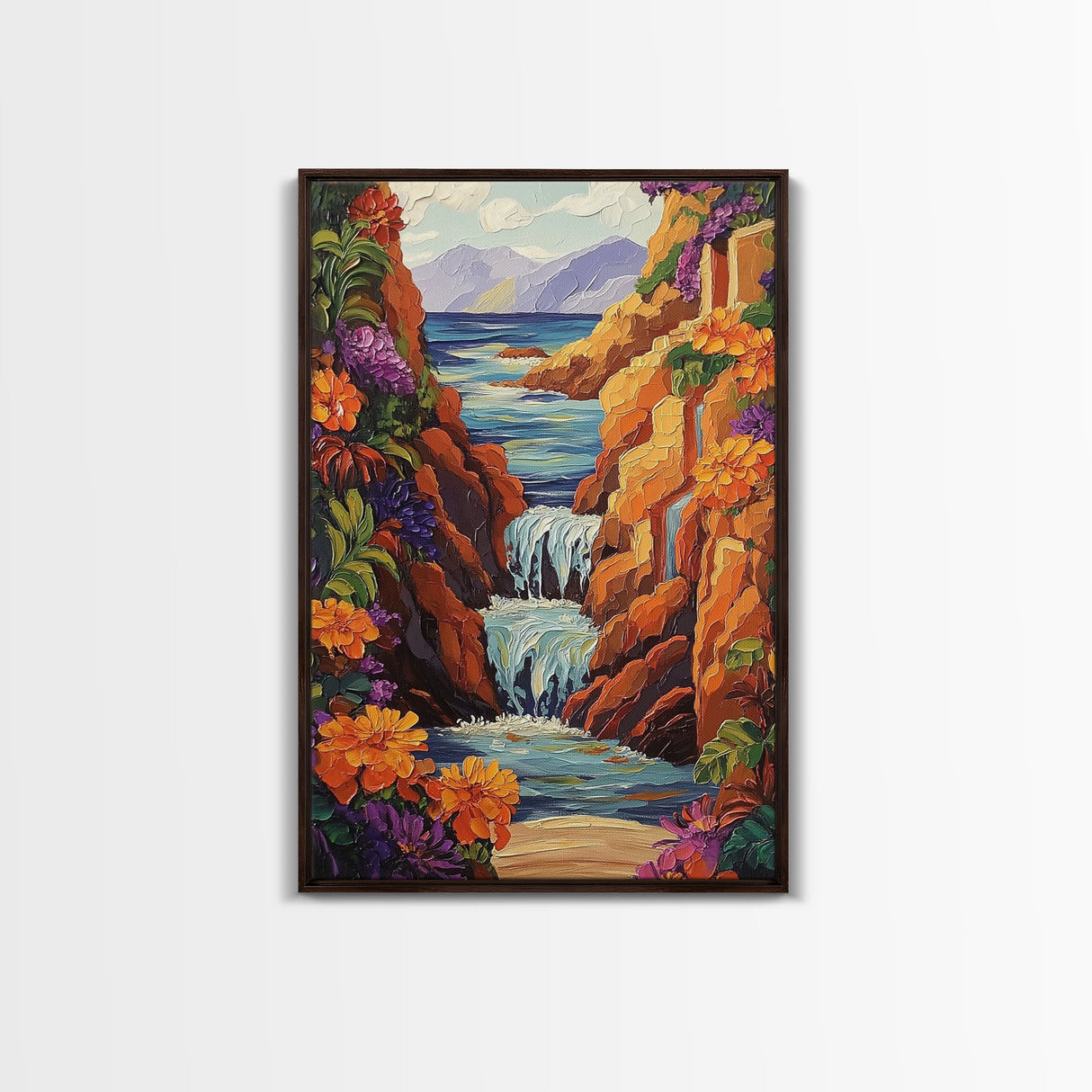 Waterfall Cliffs, Ocean, Framed Canvas Print, Tropical Canyon Wall Art, Colorful Nature Inspired Decor, Bathroom art, Entryway Wall Art