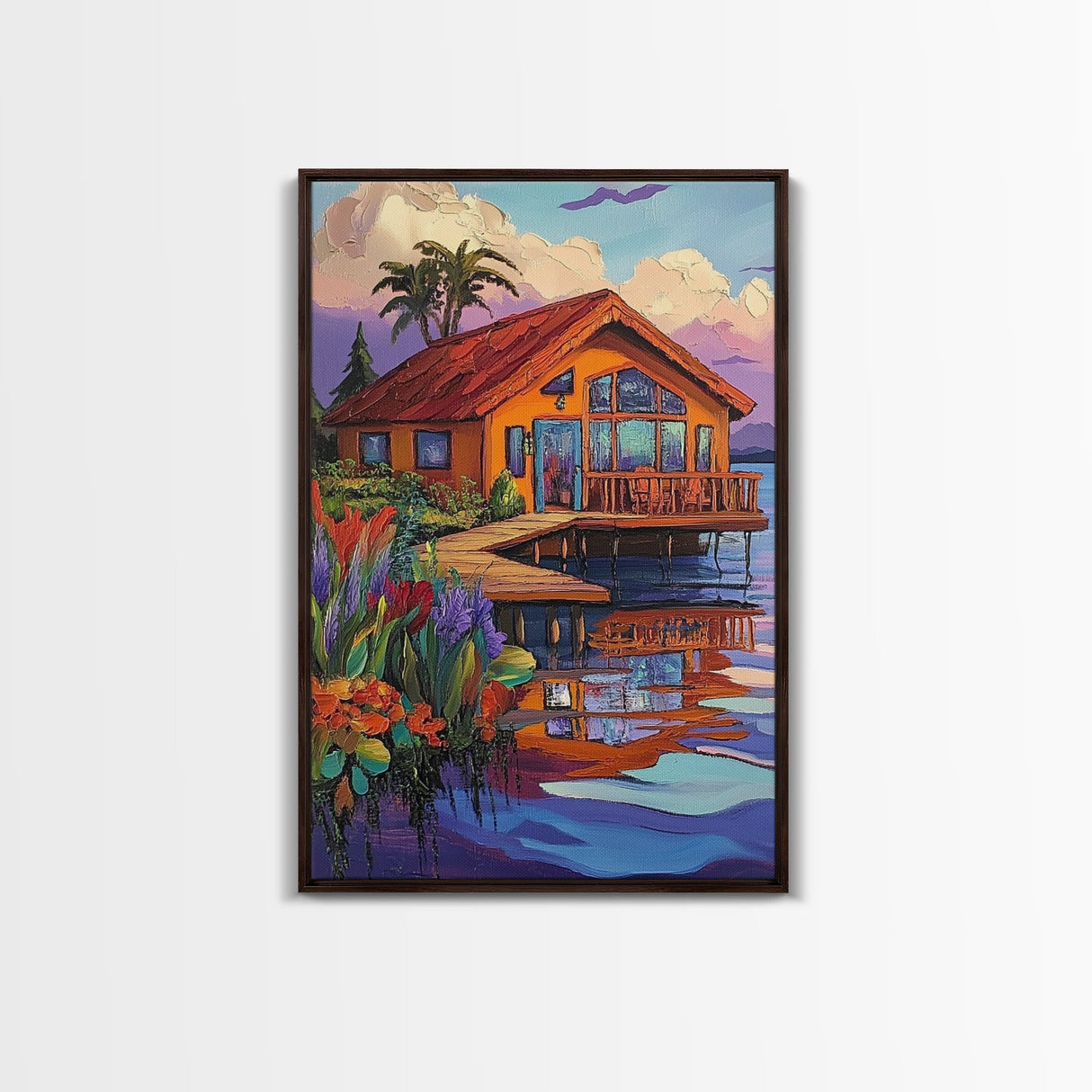 Cabin Dock, Water, Reflection, Framed Canvas Print, lake house decor, cozy retreat wall art, rustic reflection painting, fall colors