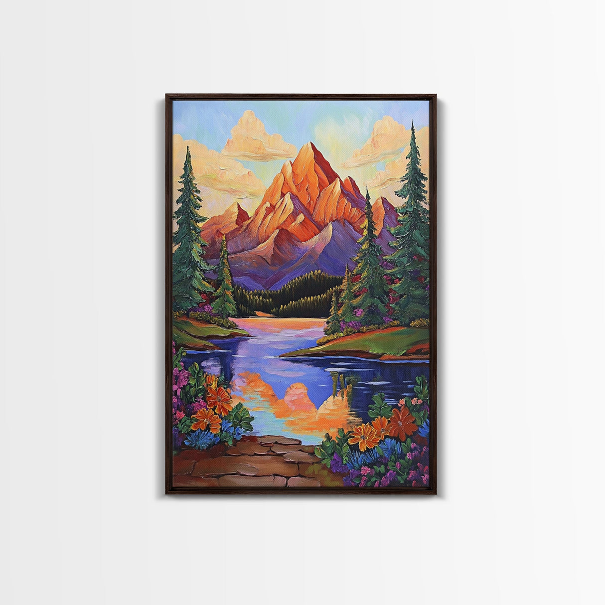 Mountain Sunset, Floral, Lakeview Framed Canvas Print, Bold Nature Landscape, Entryway Autumn Art, Vibrant Boho Wall Decor