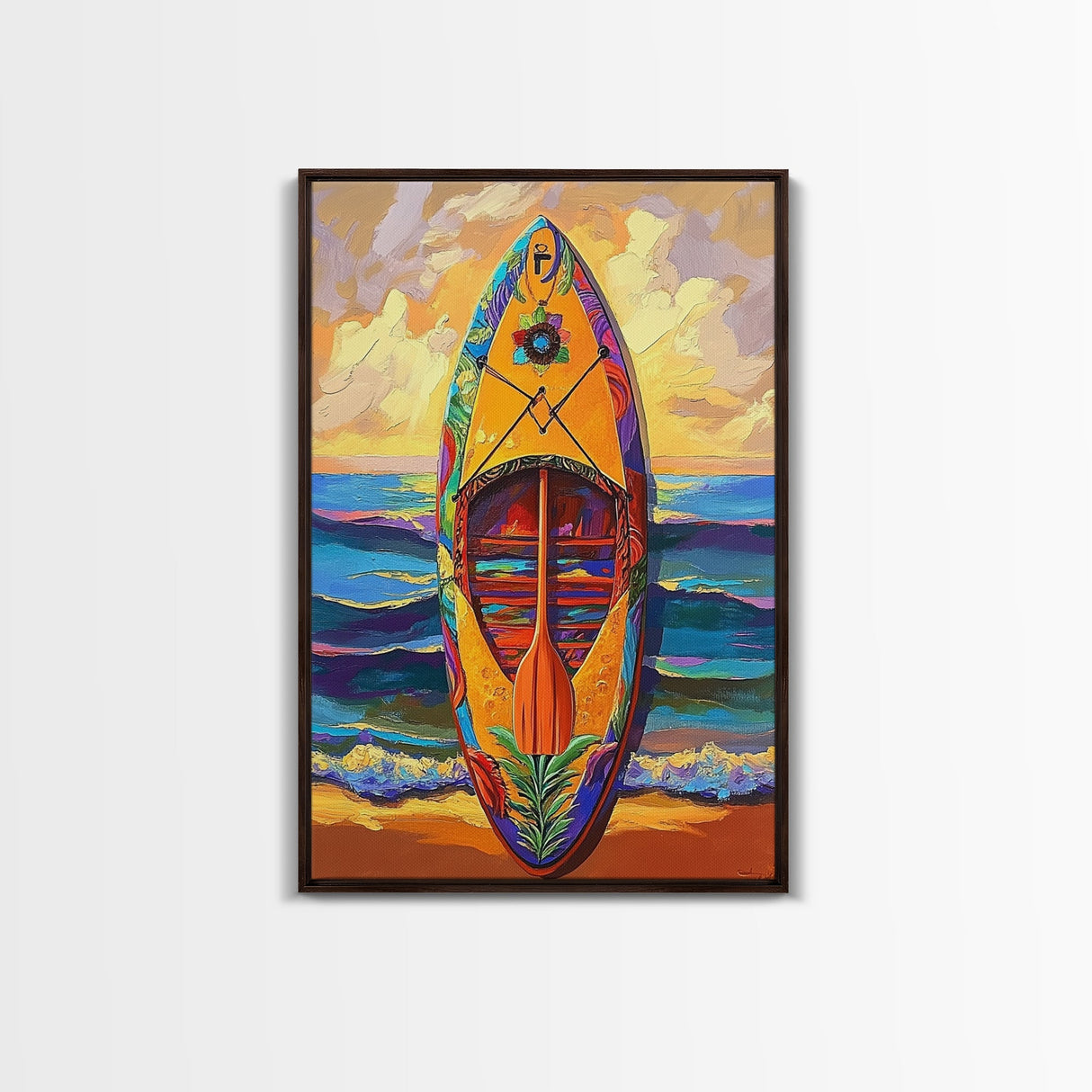 Yellow Surfboard Art, Vibrant Paddle Print, Colorful Beach Decor, Coastal Ocean Wall, Framed Canvas Print, Bathroom Wall Art, tropical art
