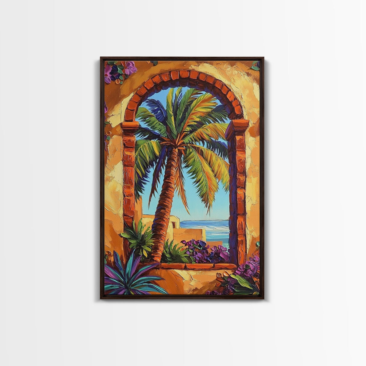 Palm Tree, Tropical Window, Coastal Home, Framed Canvas Print, beach wall art, boho art, Mediterranean decor, Kitchen Wall Art
