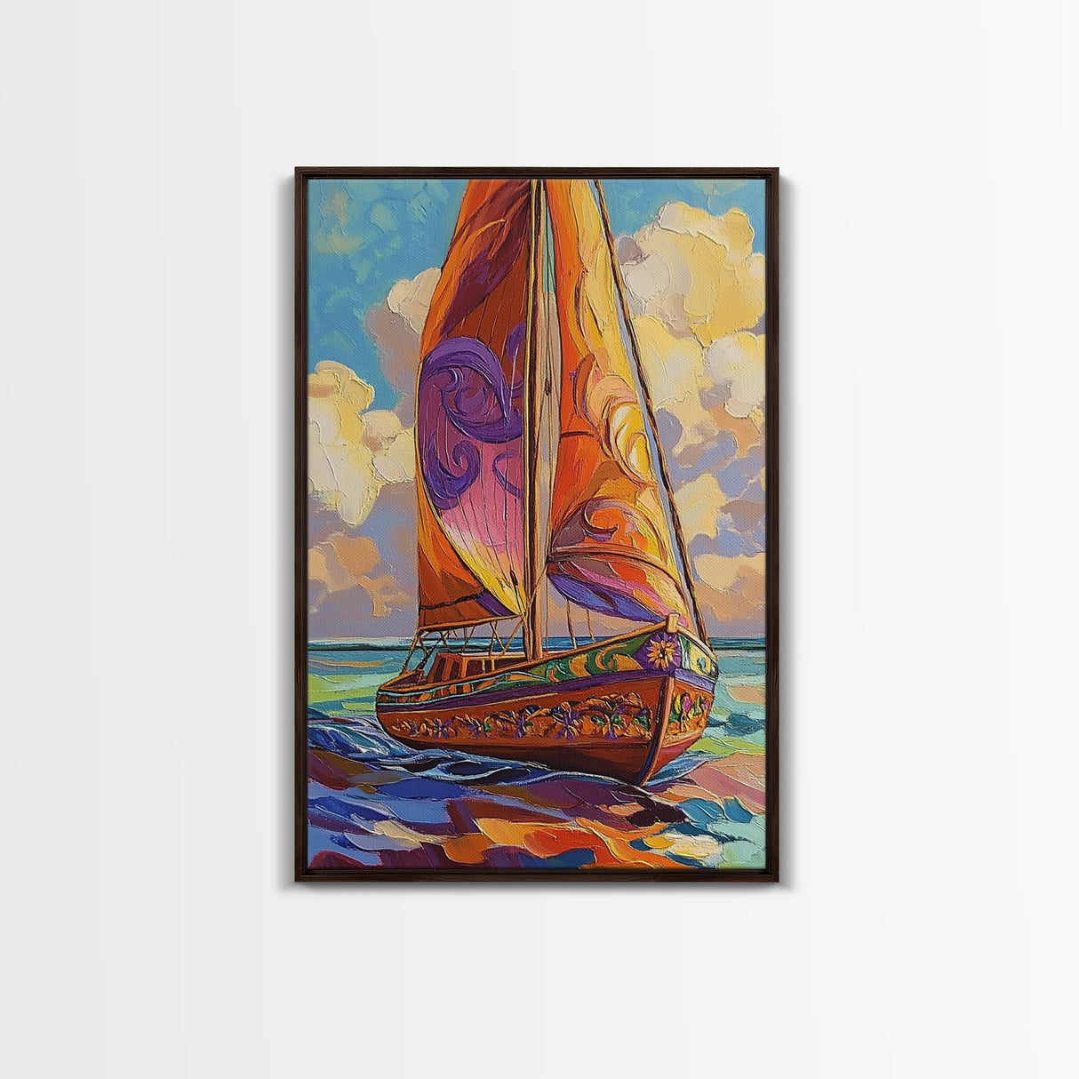 Sailboat Painting, Ocean Breeze, Colorful Nautical, Sunset Boat, Framed Canvas Print, Coastal Wall Art, beach house decor, vivid art