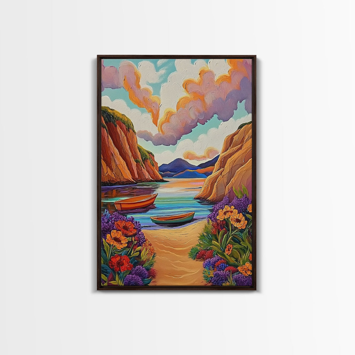 Sunset Boats, Tranquil Cove, Coastal Wall Decor, Framed Canvas Print, Beach House Art, Pastel Sky Painting, Colorful Nautical Art