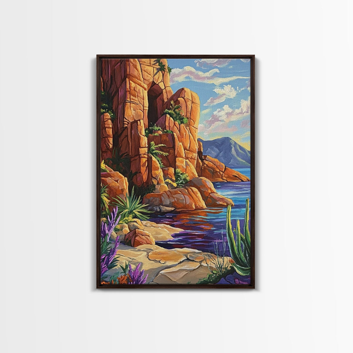 Desert Cliffside, Ocean View, Nature Painting, Colorful Landscape, Living Room Wall Art, Framed Canvas Print, Southwest Home Decor