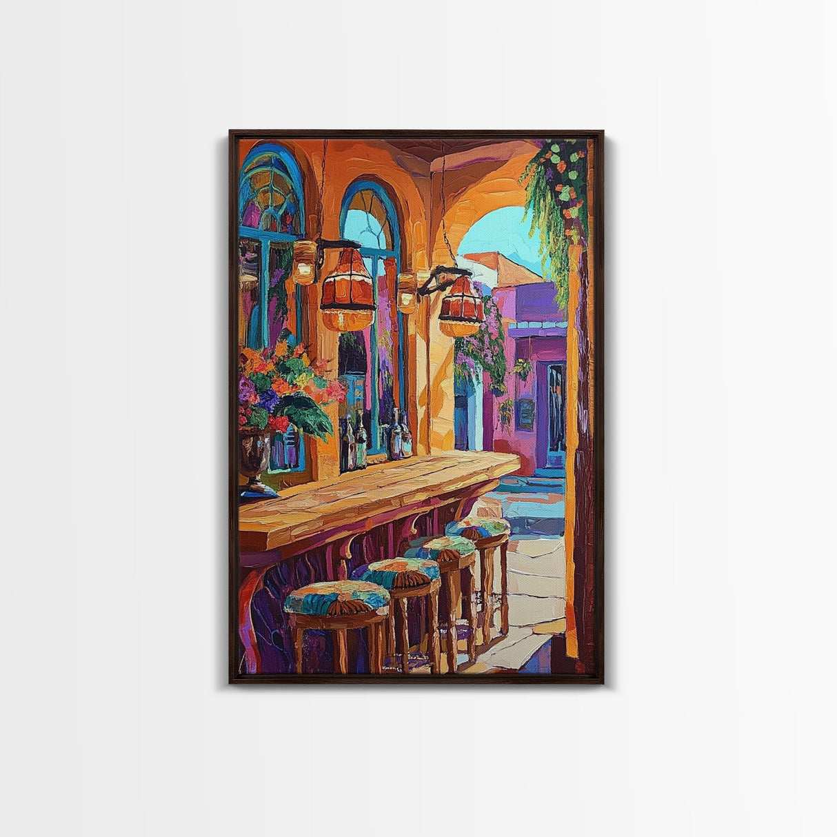 Wine Bar Scene, Cozy Bistro, Mediterranean Patio, Colorful Bar Decor, Kitchen Wall Art, Eclectic Style, Framed Canvas Print