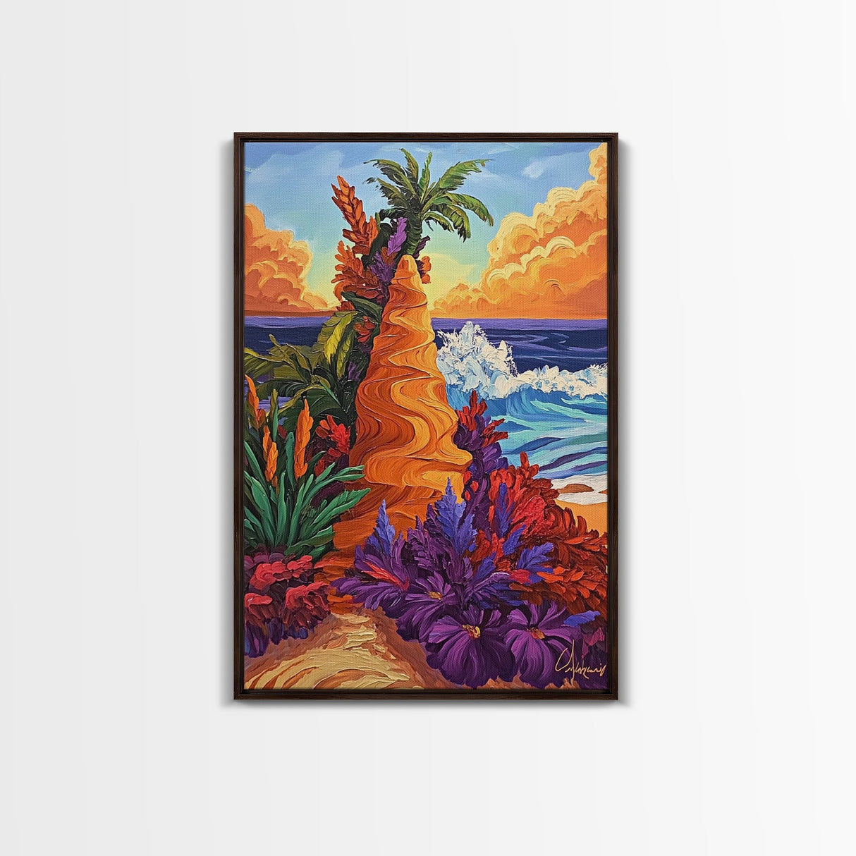 Tropical Bluff, Palm Trees, Coastal Fantasy Scene, Bold Beach Colors, Seaside Home Decor, Canvas Print, Living Room Wall Art