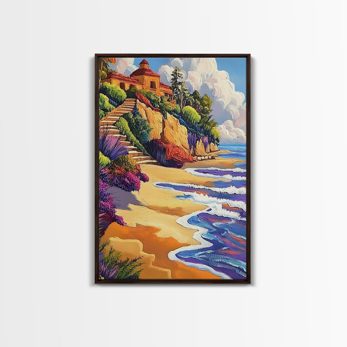 Seaside Villa, Cliffside Beach, Coastal Home Art, Warm Summer Scene, Mediterranean Decor, Canvas Print, Dining Room Wall Accent