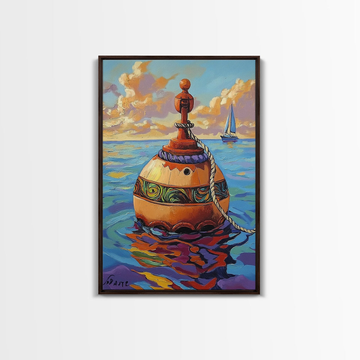 Buoy Ocean Sailboat Painting, Framed Canvas Print, Nautical boho decor, beach home wall art, coastal sunset colors, lakehouse vibe