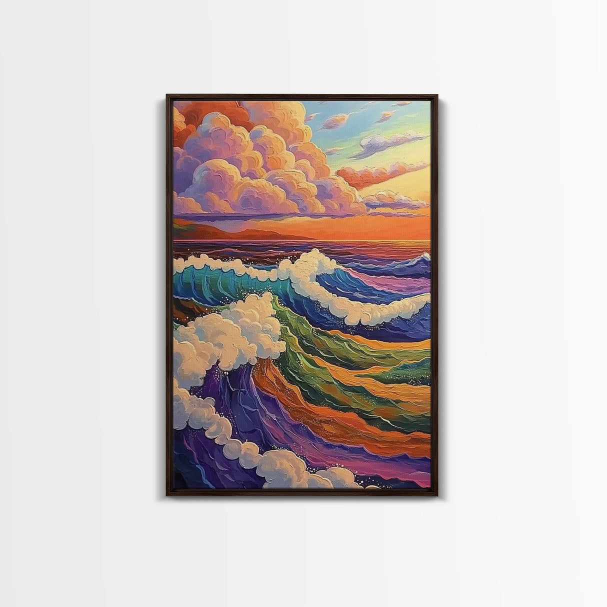 Colorful Ocean Waves, Sunset Surf Art, Rainbow Water Scene, Framed Canvas Print, Coastal Wall Decor, Vibrant Bathroom Art