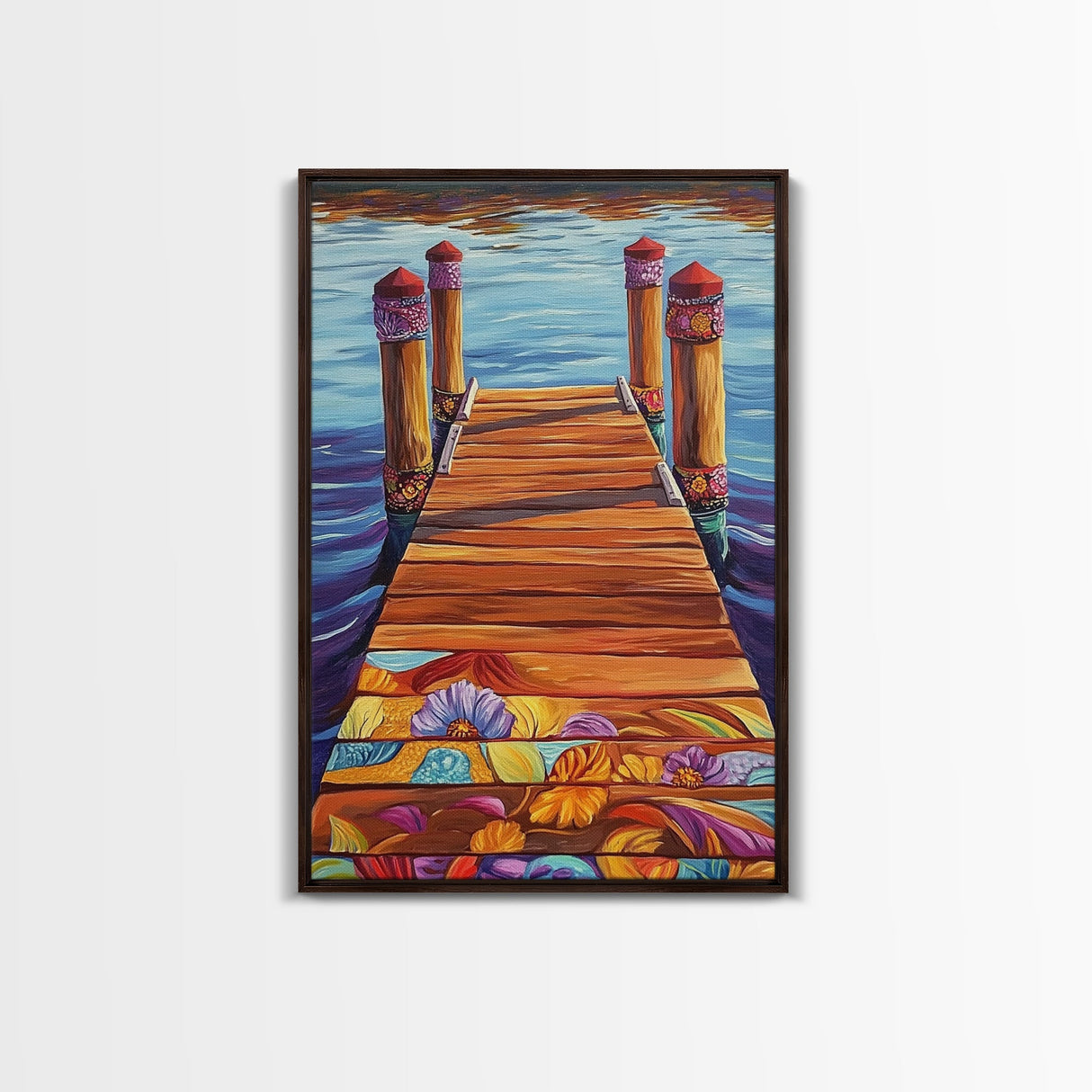 Painted Dock Scene, Vibrant Water Art, Lake House Decor, Canvas Print, Boho Coastal Wall Art, Summer Vibes, Nature Inspired
