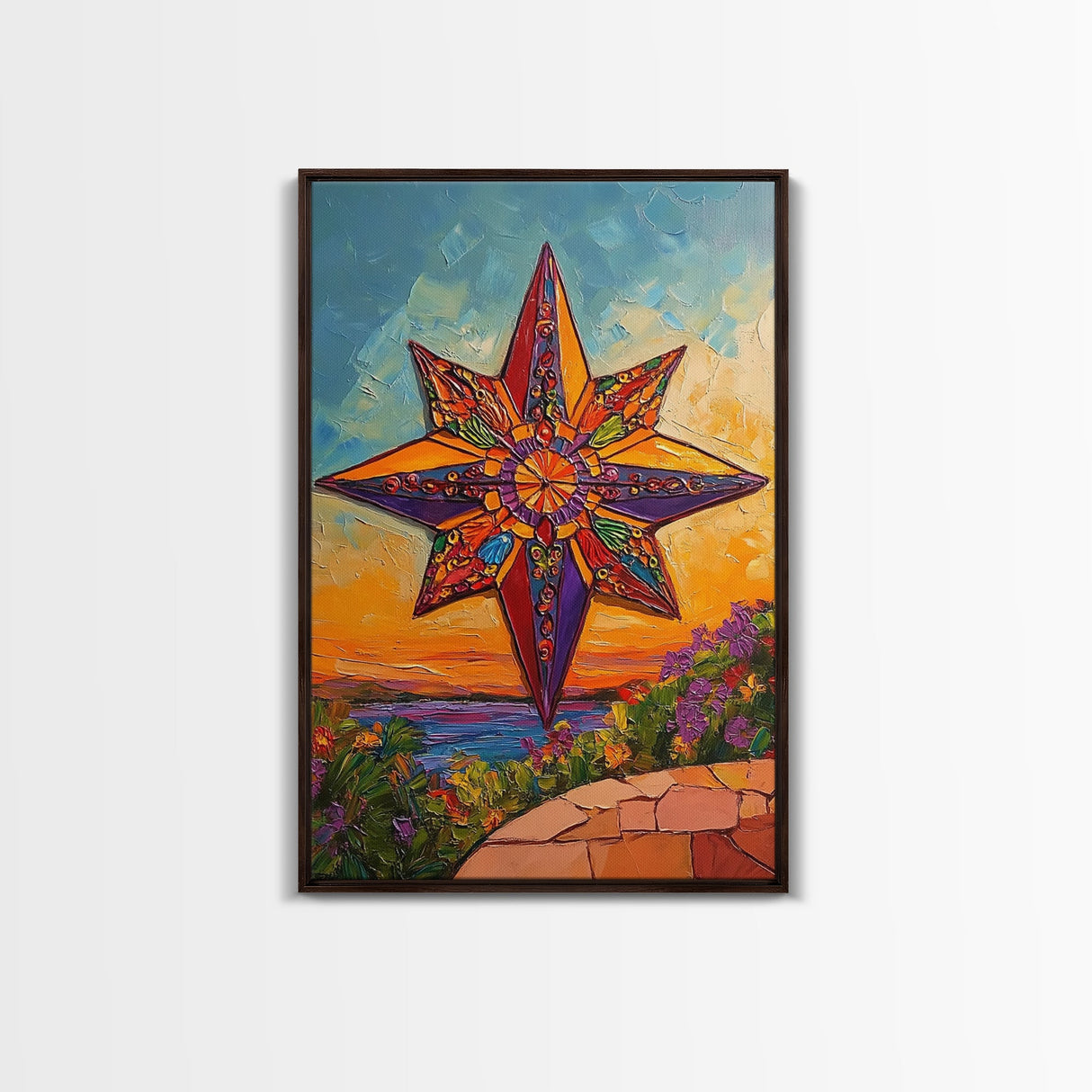 Colorful Starburst Sky, Sunset Mosaic Star Art, Vibrant Landscape Design, Canvas Print, Fall Living Room Decor, Boho Wall Accent