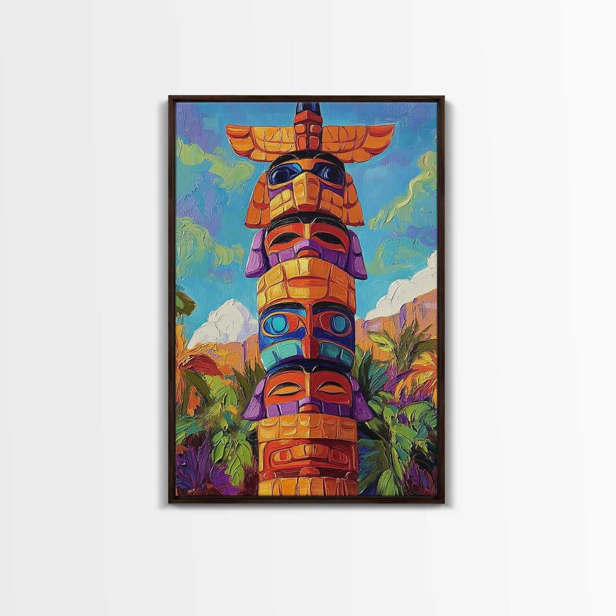 Totem Pole Painting, Tribal Inspired Decor, Canvas Print, Vibrant Wall Art, Boho Art Style, Entryway Statement Art, Unique Cultural Art