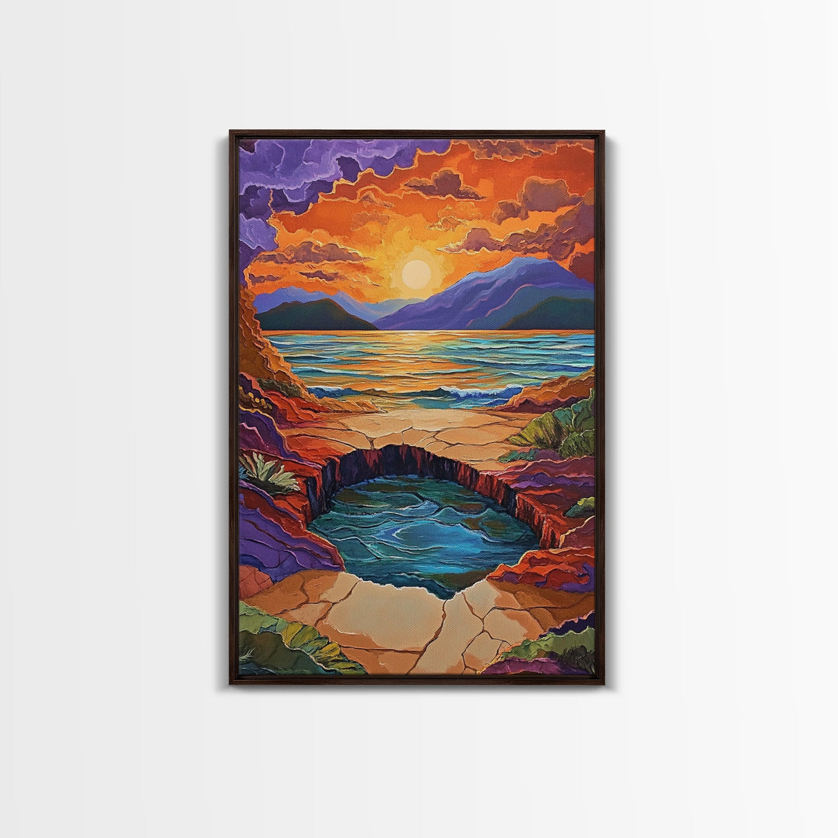 Sunset Lake Reflection, Fiery Sky, Tranquil Water, Mountain Glow, Framed Canvas Print, Bedroom Wall Art, Autumn Decor, Serene Art