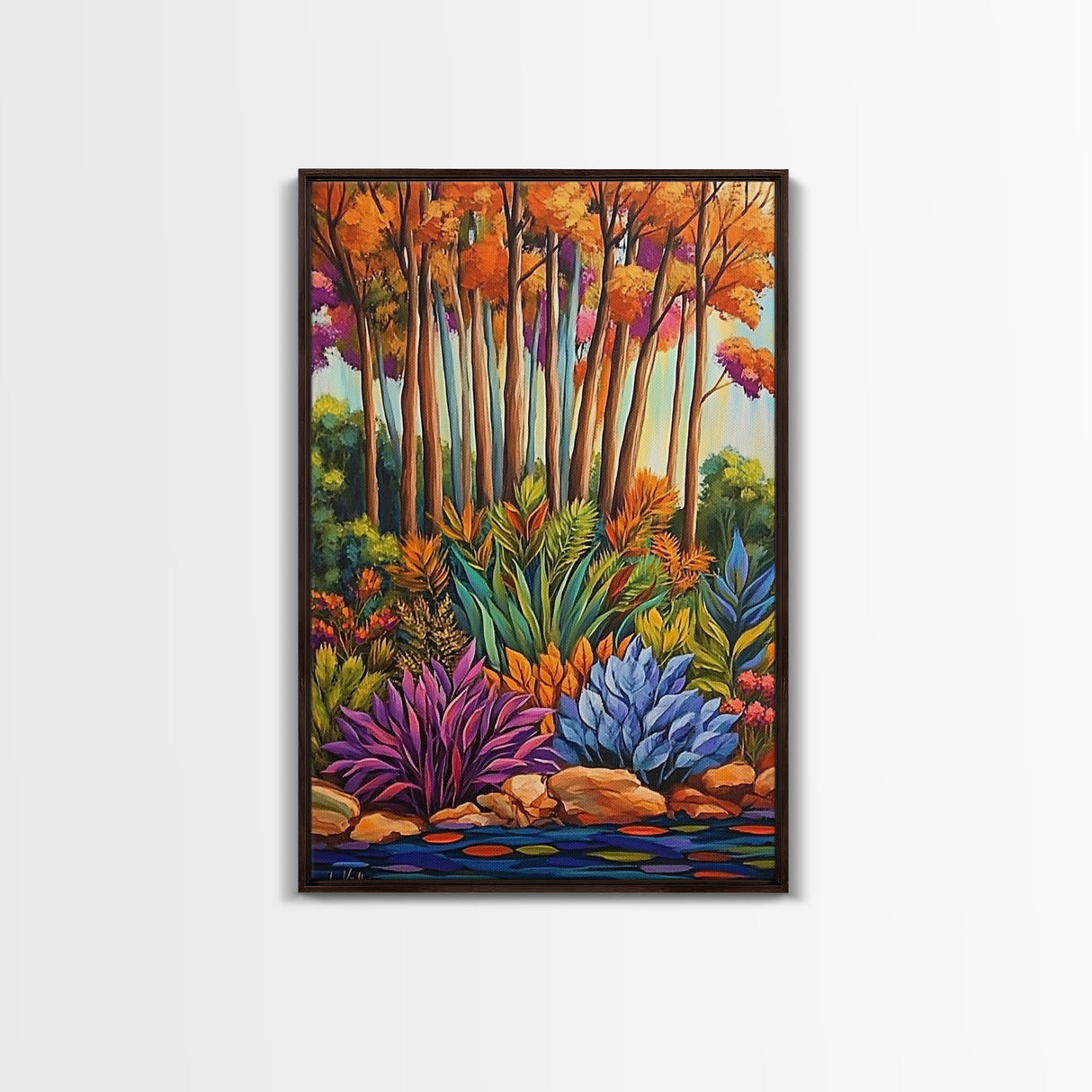 Autumn Forest, Leaves Colorful, Framed Canvas Print bright fall foliage nature painting, botanical boho forest scene, Kitchen Wall Art