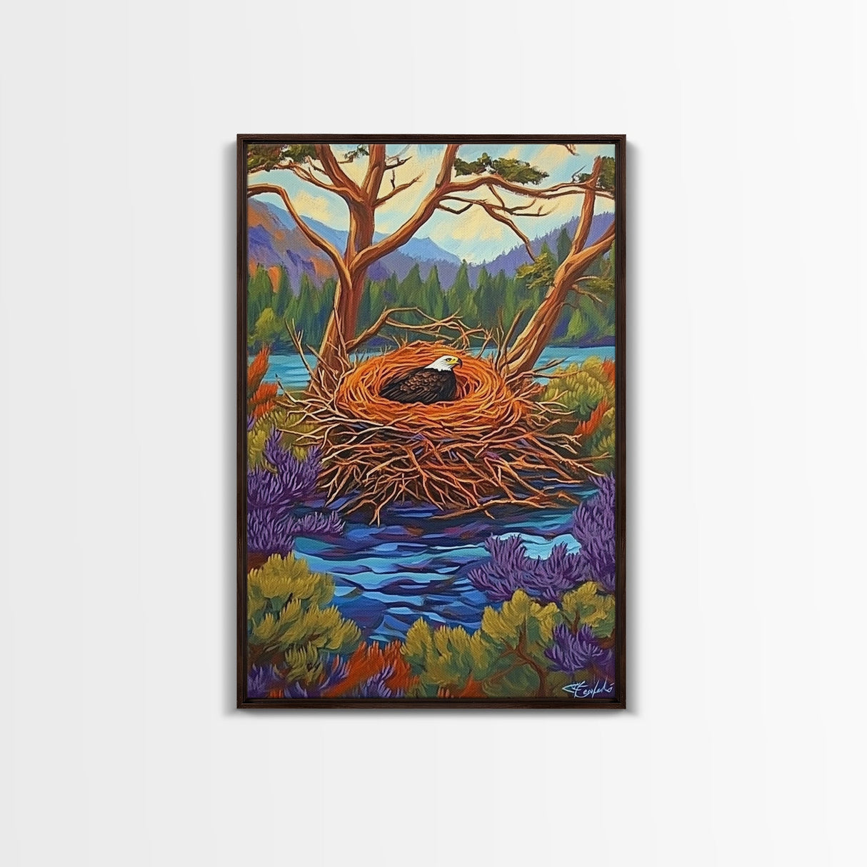 Eagle Nest, Forest, Lake, Canvas Print, rustic wildlife art, bald eagle decor, nature lodge wall art, cozy cabin Living Room theme