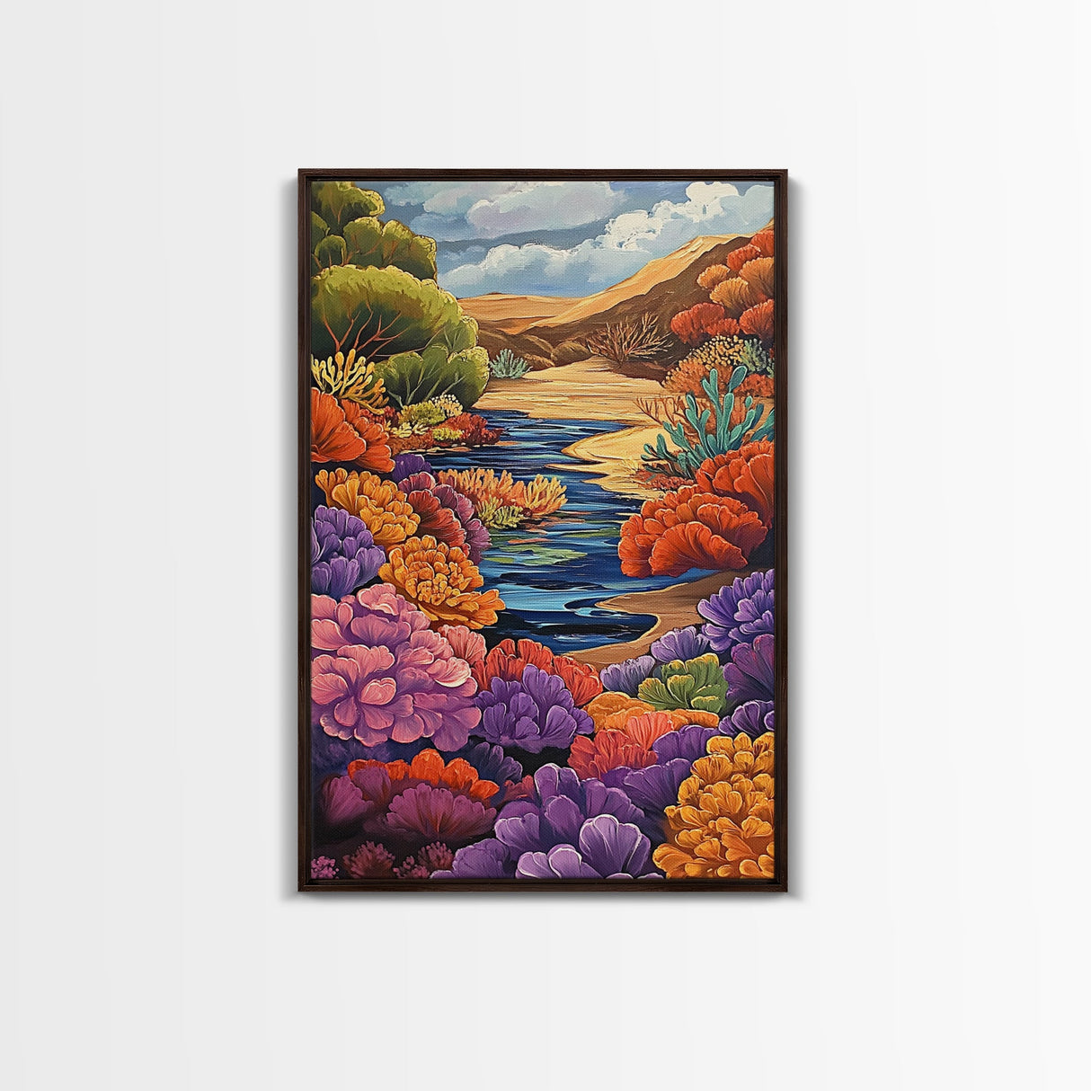 River, Desert, Floral, Art, Canvas Print, Colorful floral river scene with desert hills, perfect bedroom or hallway Southwestern wall art