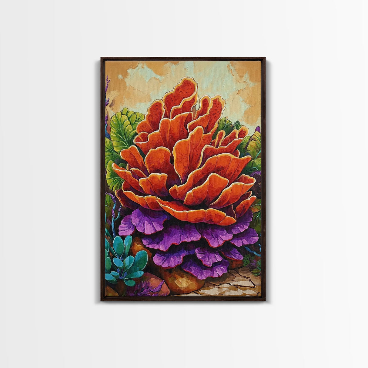 Succulent, Cactus, Orange, Purple, Framed Canvas Print, Bold desert succulent bloom art in orange and purple, living room statement piece