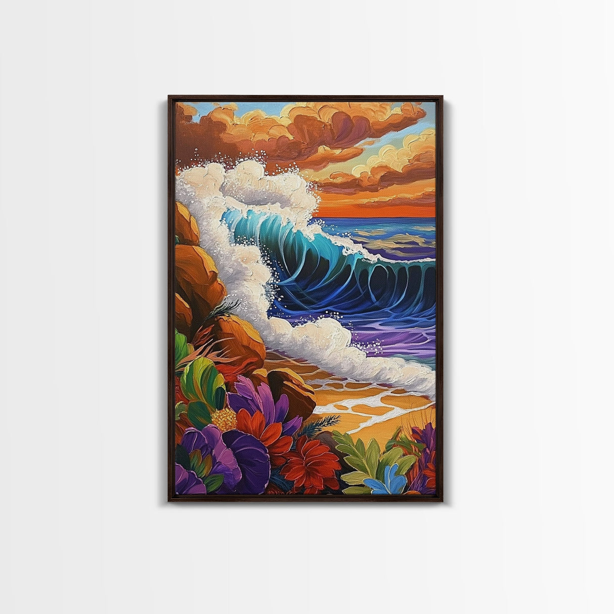 Wave Bold, Ocean, Sunset, Framed Canvas Print, Sunset surf wave crashing on rocks with bold colors, perfect beach house wall art