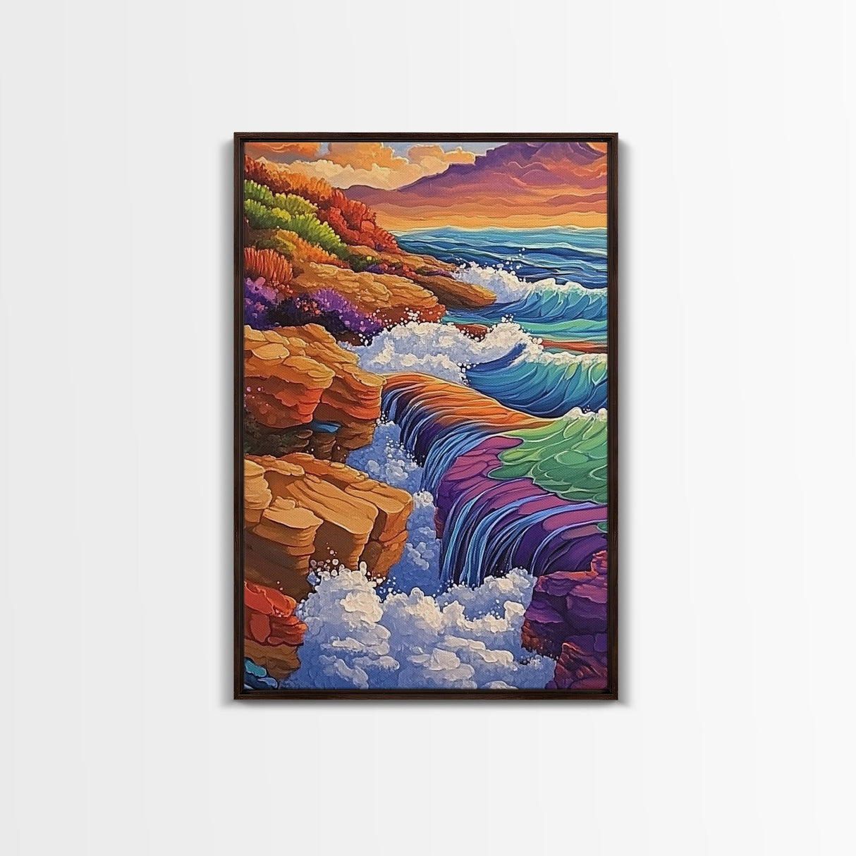 Waterfall Ocean, Rocks, Waves, Canvas Print, Vibrant ocean waterfall over rocky cliffs with colorful waves, ideal coastal living room