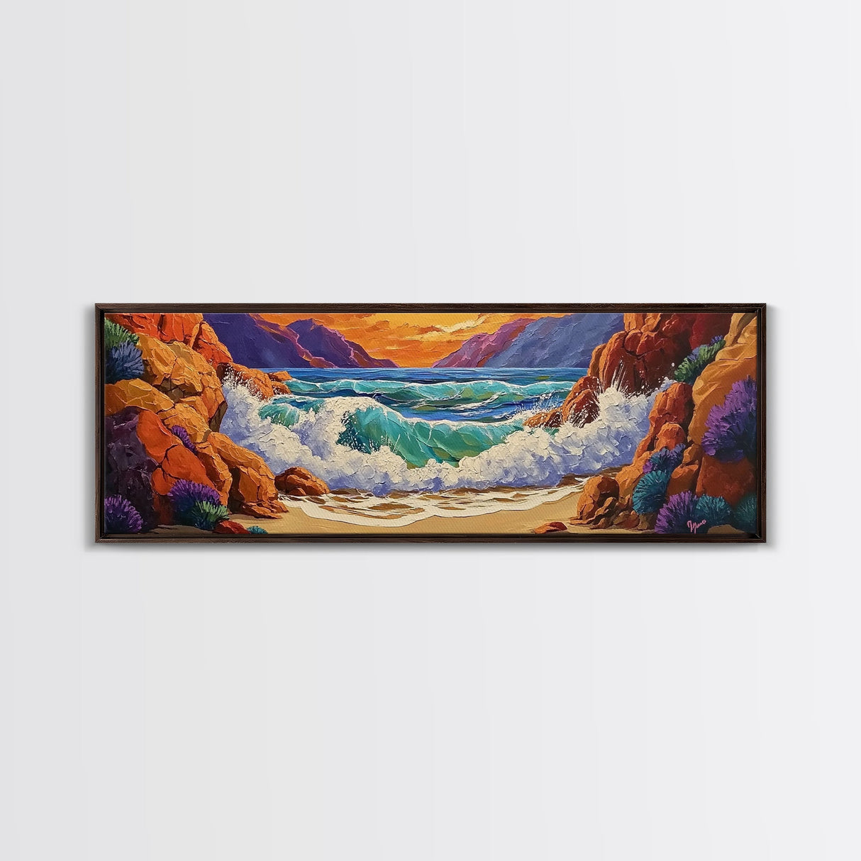 Ocean Wave, Rocky Coast, Vibrant Sunset, Nature Seascape, Framed Canvas Print, Coastal Wall Art, Beach Bathroom Decor, Colorful Seascape Art