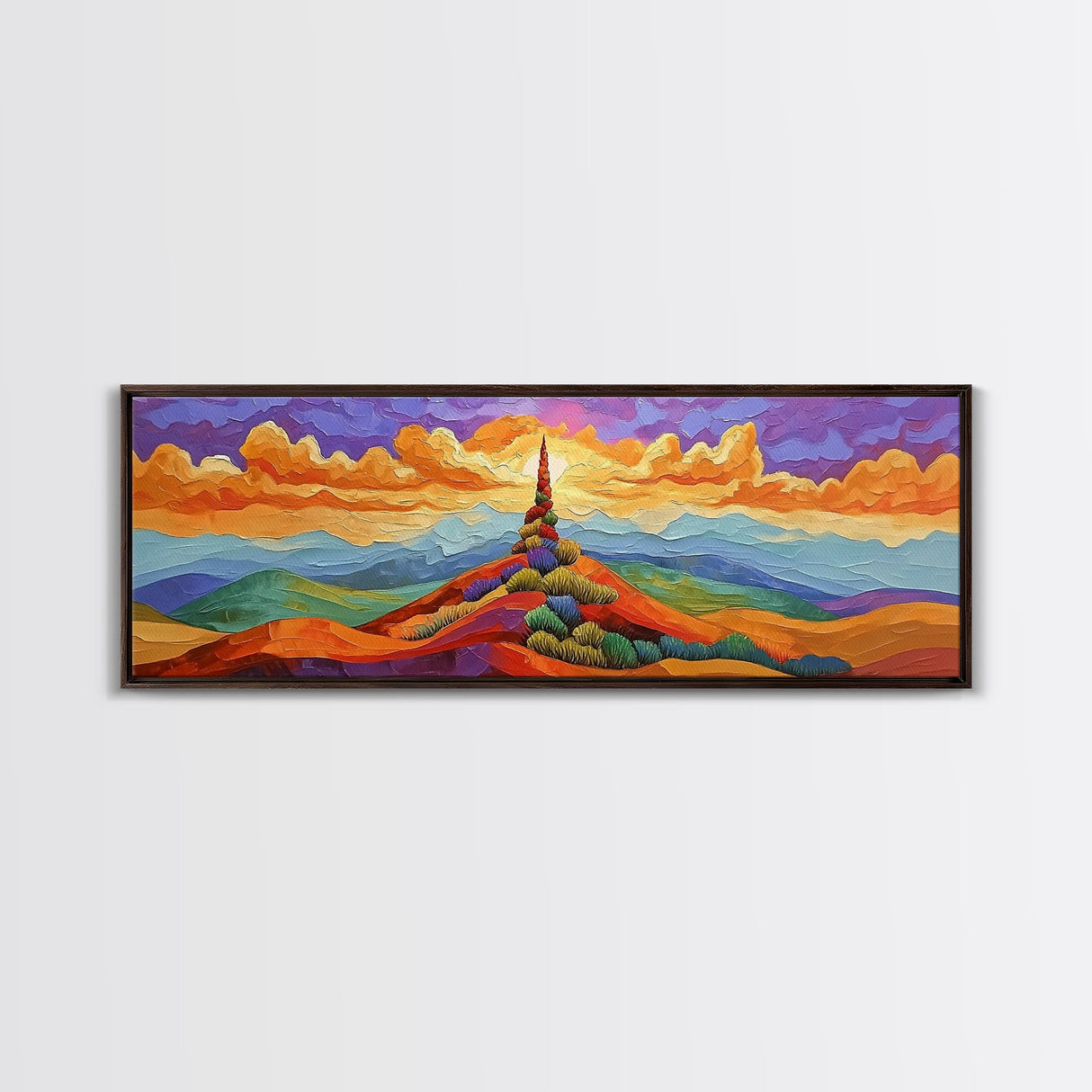 Colorful Mountain Sunrise, Bold Landscape Painting, Southwest Decor, Living Room Wall Art, Modern Boho Style Framed Canvas Print, Bedroom art