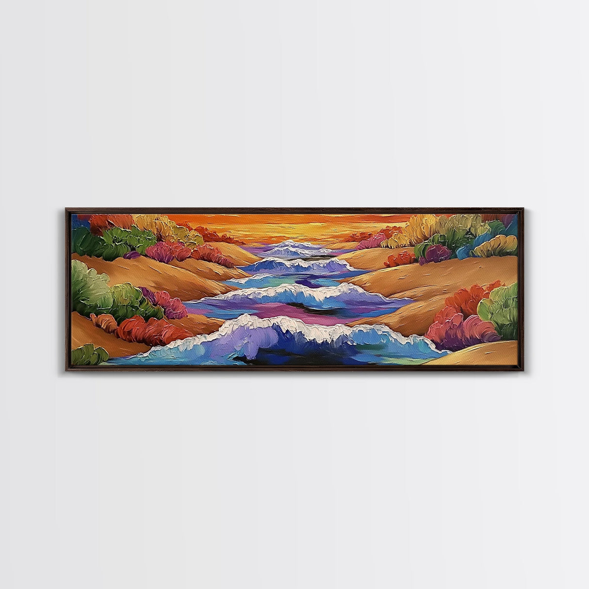 Rolling Waves, Ocean Energy, Sunset Coastline, Canvas Print, coastal living room decor, vivid surf art, bold beach vibe painting