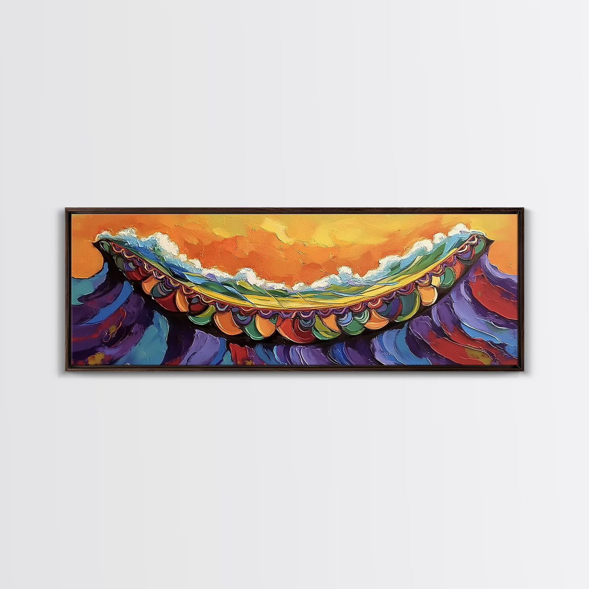 Carnival Wave, Festive Ocean, Playful Waters, Framed Canvas Print, beach bathroom art, coastal fun painting, surf wall decor