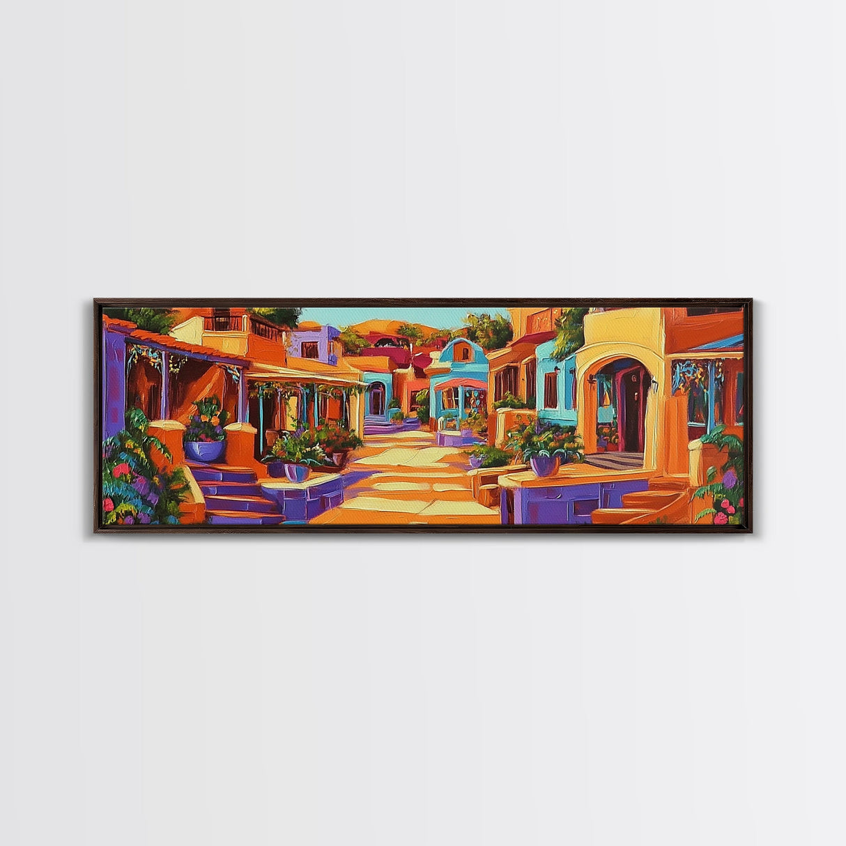 Colorful Village Lane, Bright Street Scene, Adobe Style Architecture, Framed Canvas Print, Boho Entryway Wall Art, Kitchen Decor
