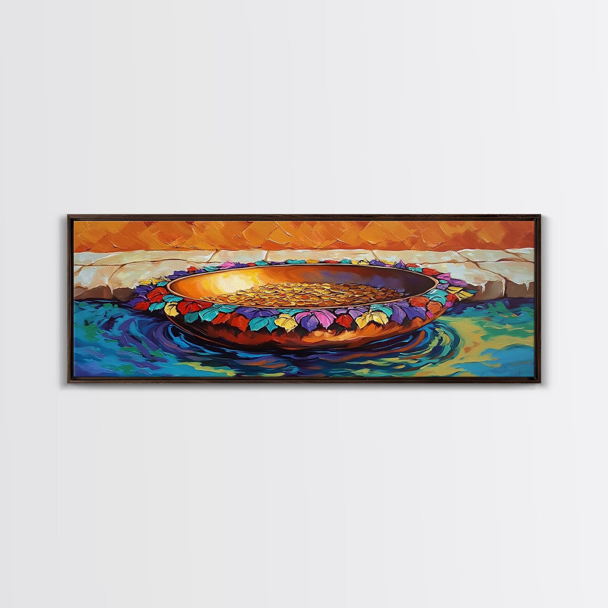 Gold Coins, Water Bowl, Vibrant Still Life, Framed Canvas Print, Kitchen Wall Art, Autumn Accent, Southwestern Art, Colorful Painting