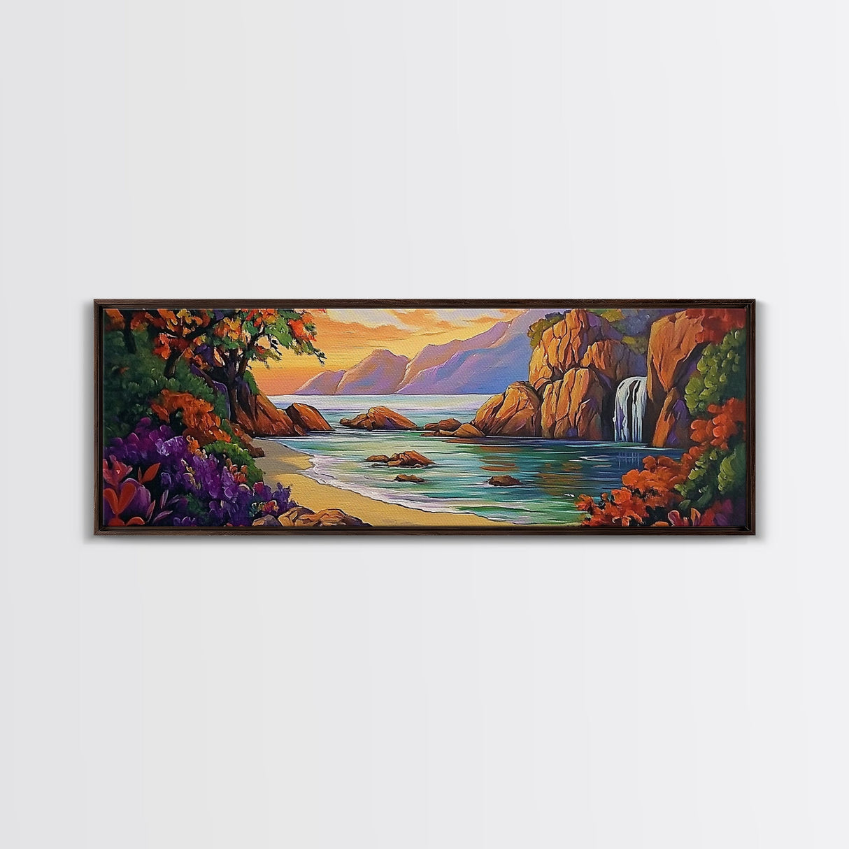 Waterfall Cove, Sunset Seascape, Tropical Paradise, Nature Retreat, Framed Canvas Print, Bathroom Wall Art, Vibrant Coastal Art