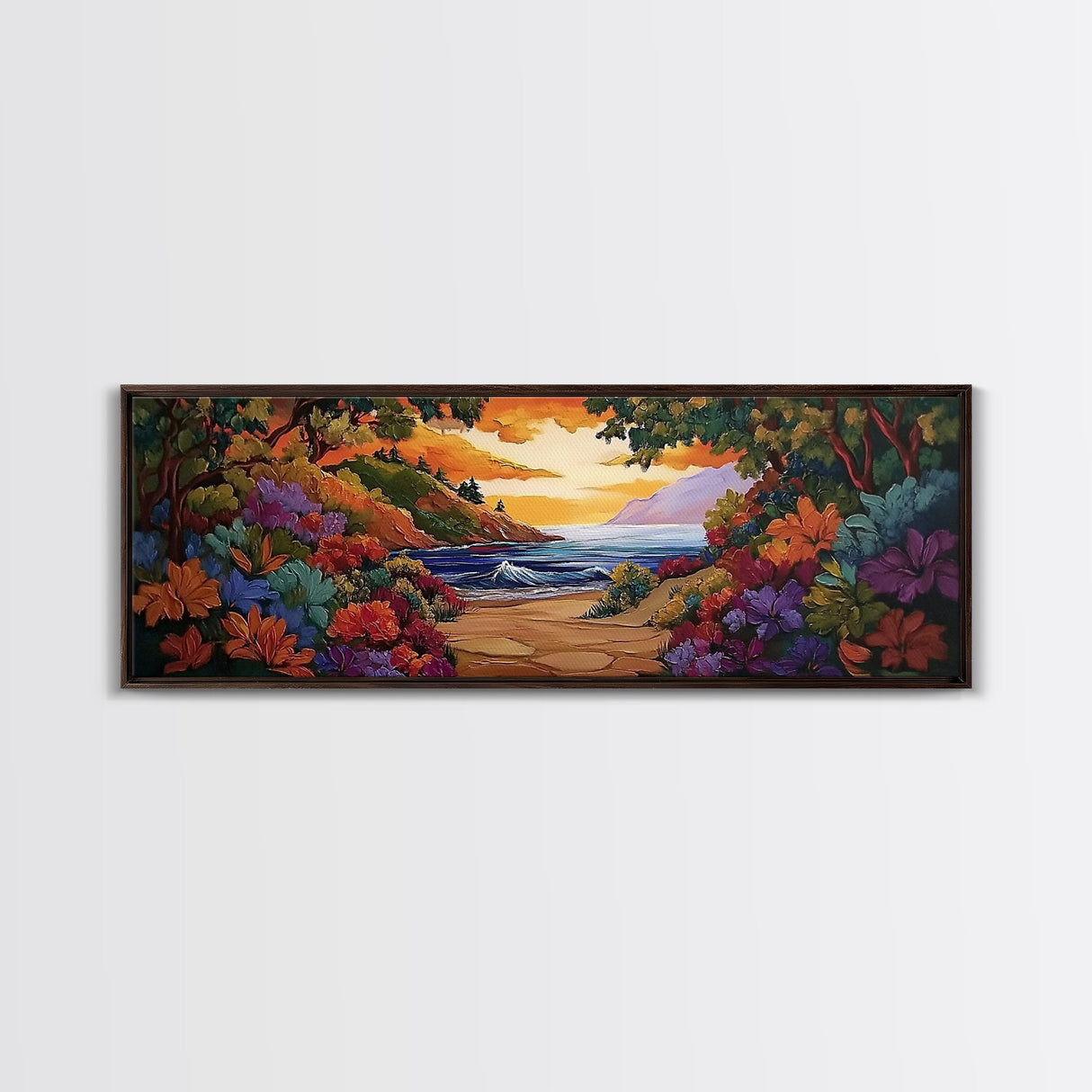 Beach View, Sunset Flowers, Coastal Path, Summer Decor, Framed Canvas Print, Bedroom Wall Art, Bright Floral Landscape Art