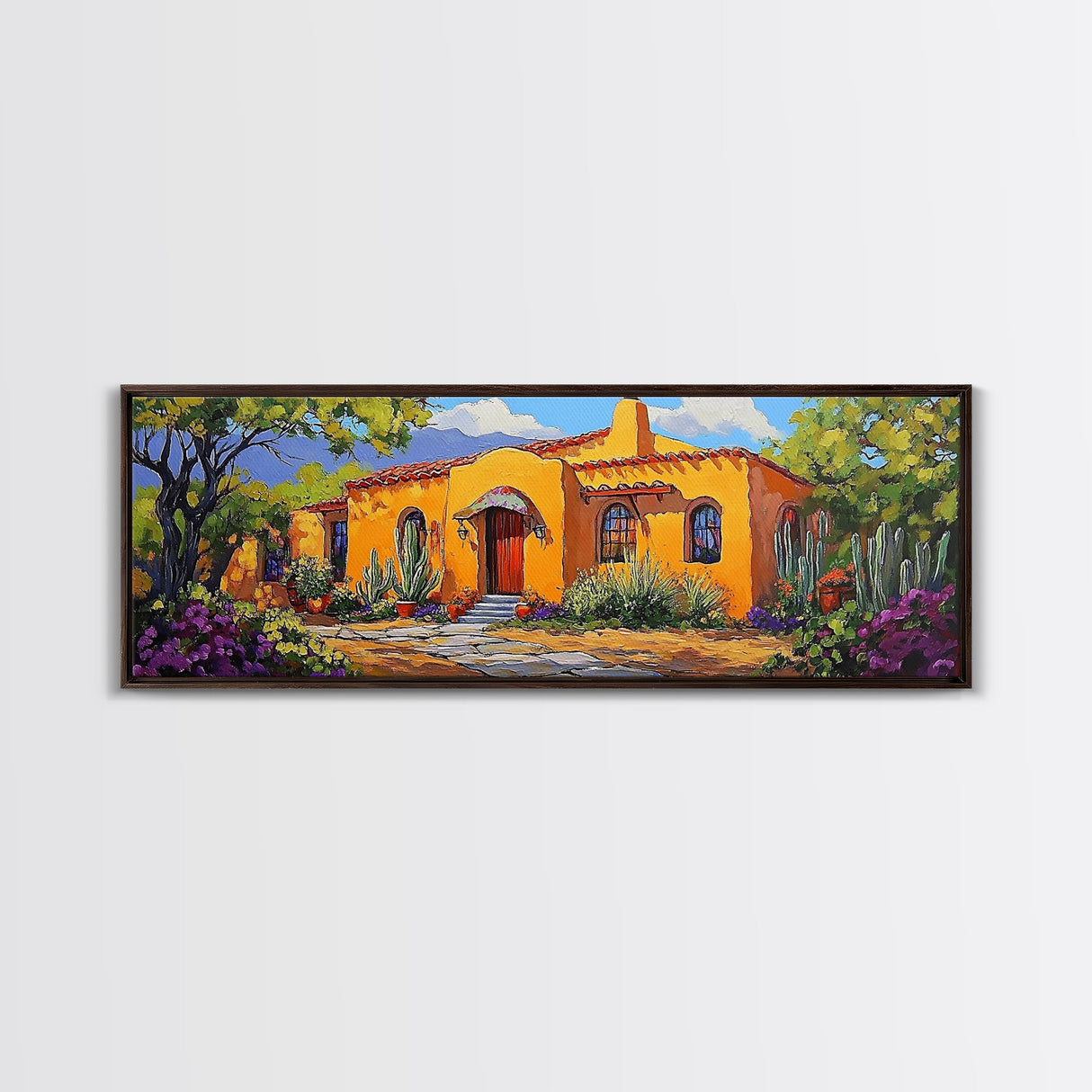Desert Casa Art, Colorful Home, Cactus Painting, Framed Canvas Print, Vibrant Southwest Decor, Living Room Wall Art, Spanish Style Art
