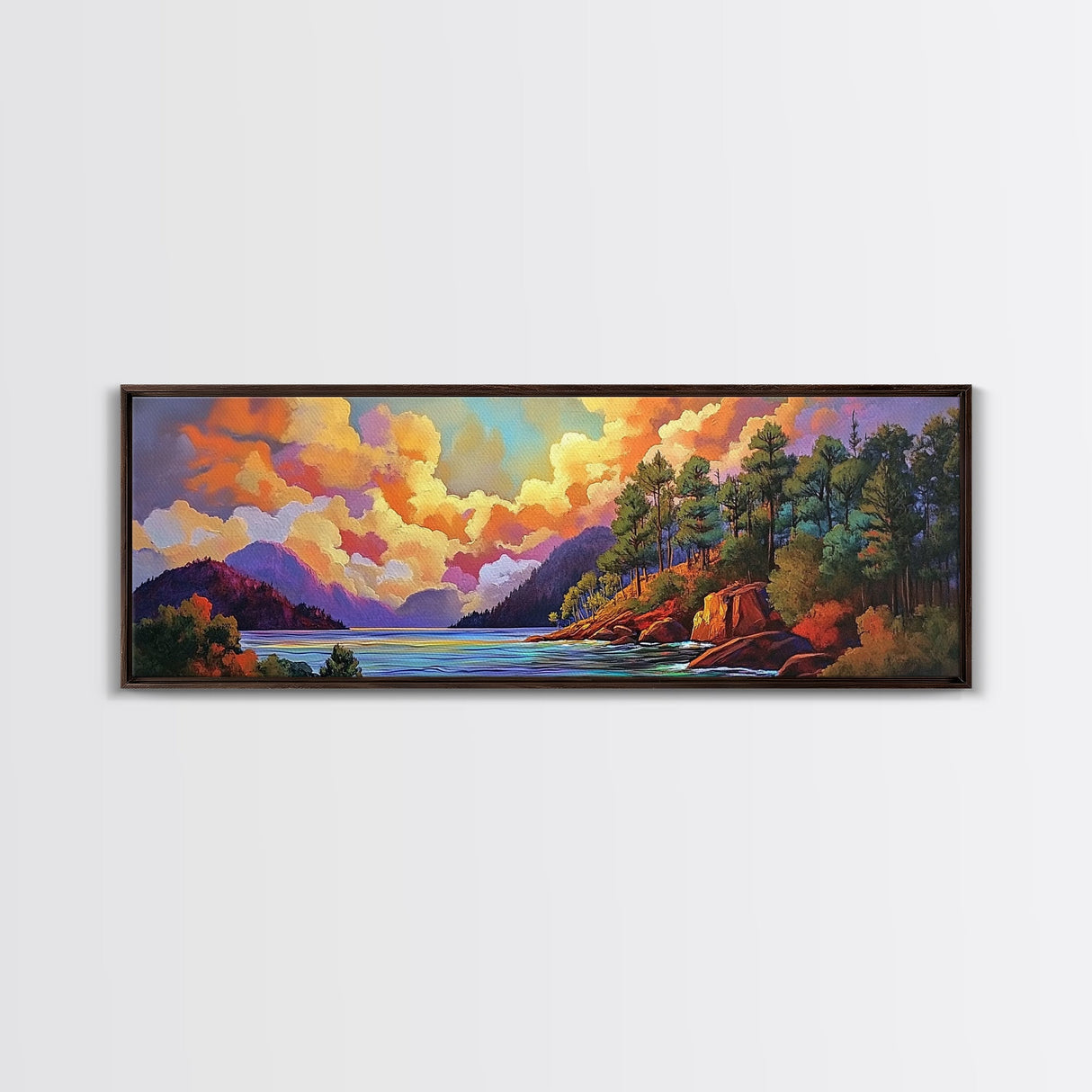 Mountain Trees, Lake Sunset, Nature Glow, Autumn Landscape, Canvas Print, Cabin Decor, Rustic Wall Art, Forest Escape