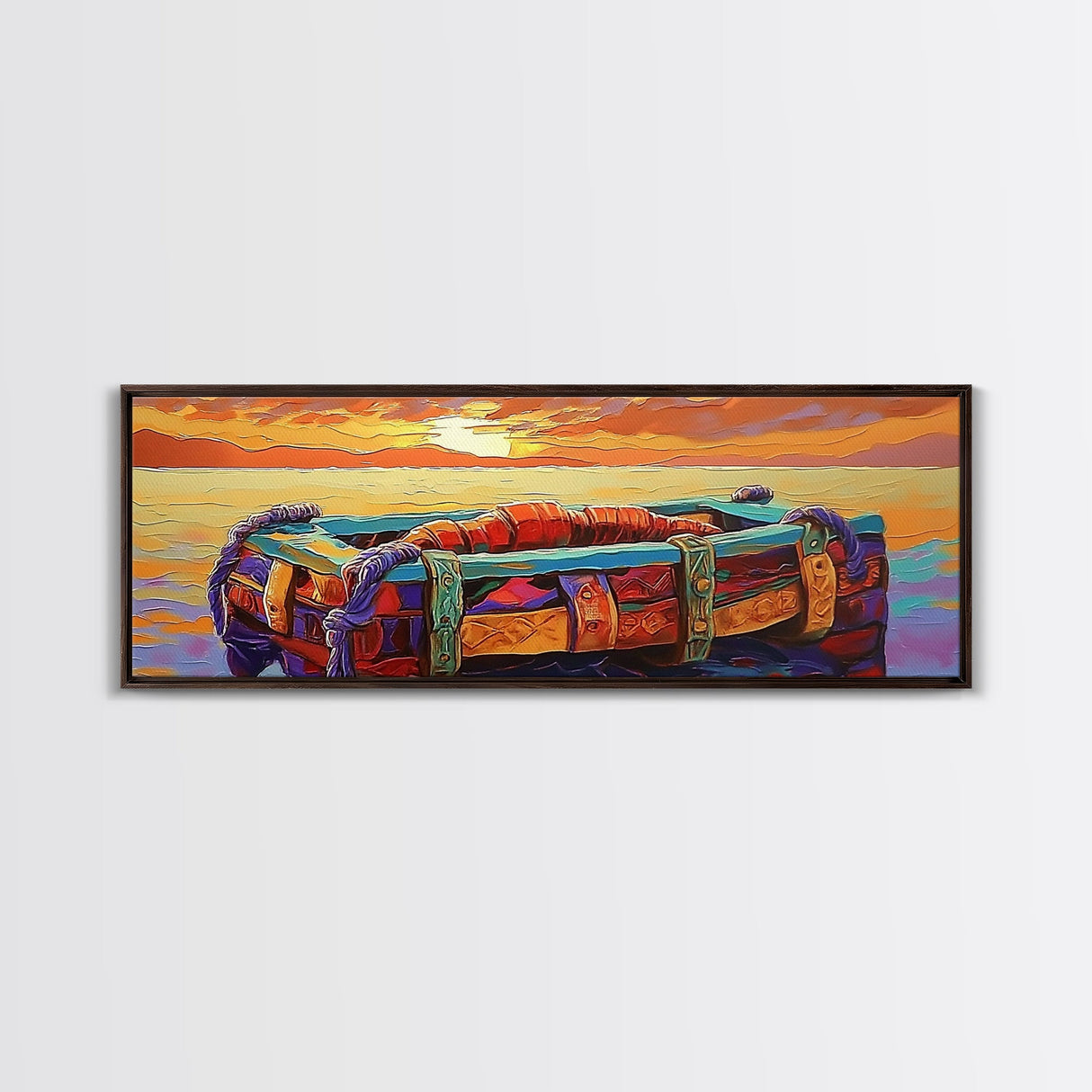 Sunset Raft, Ocean Stillness, Island Mood, Coastal Glow, Canvas Print, bathroom wall art, tropical nautical art, warm beach colors