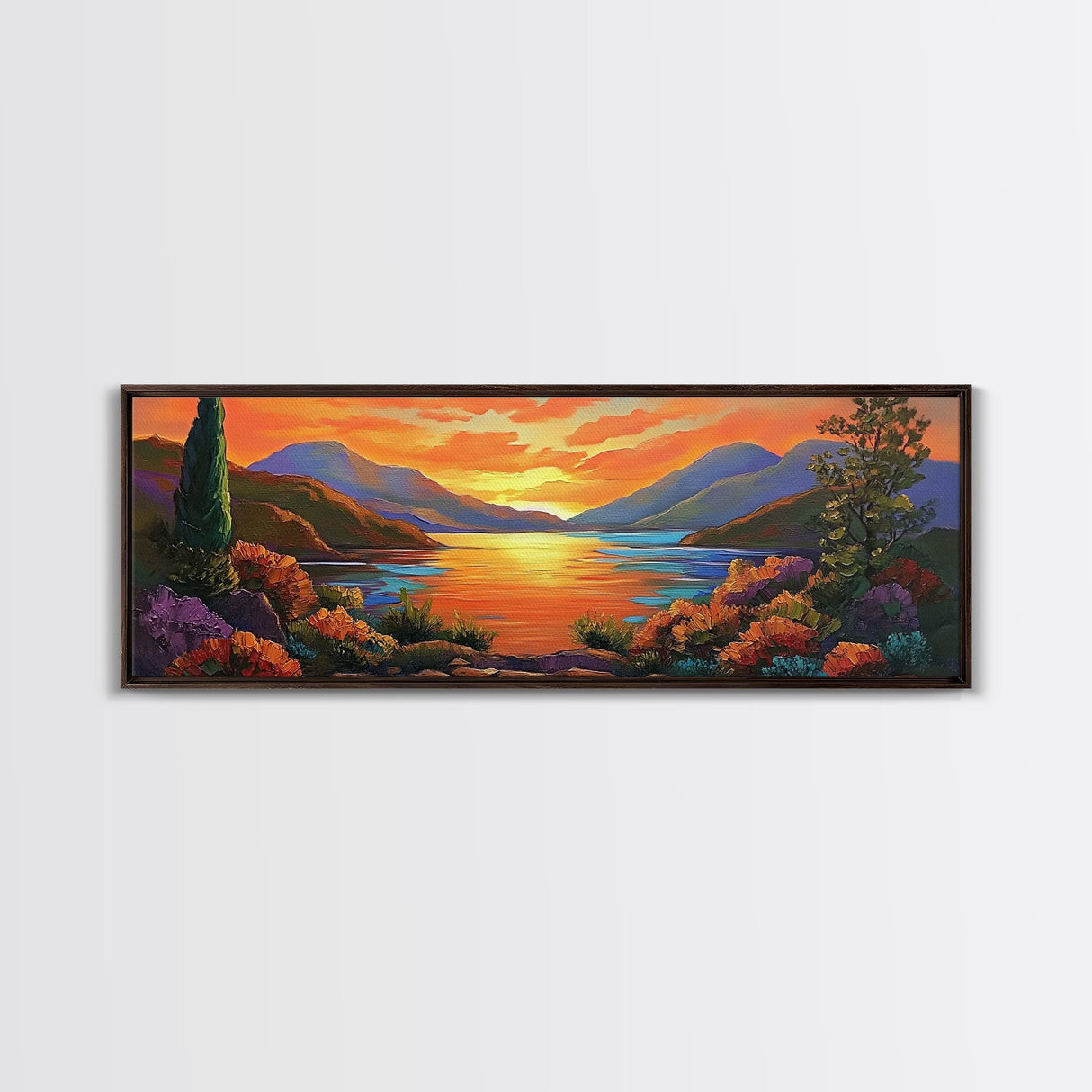 Mountain Sunset Lake, Bold Nature Landscape, Vibrant Water Reflection, Framed Canvas Print, Rustic Living Room or Cabin Wall Art