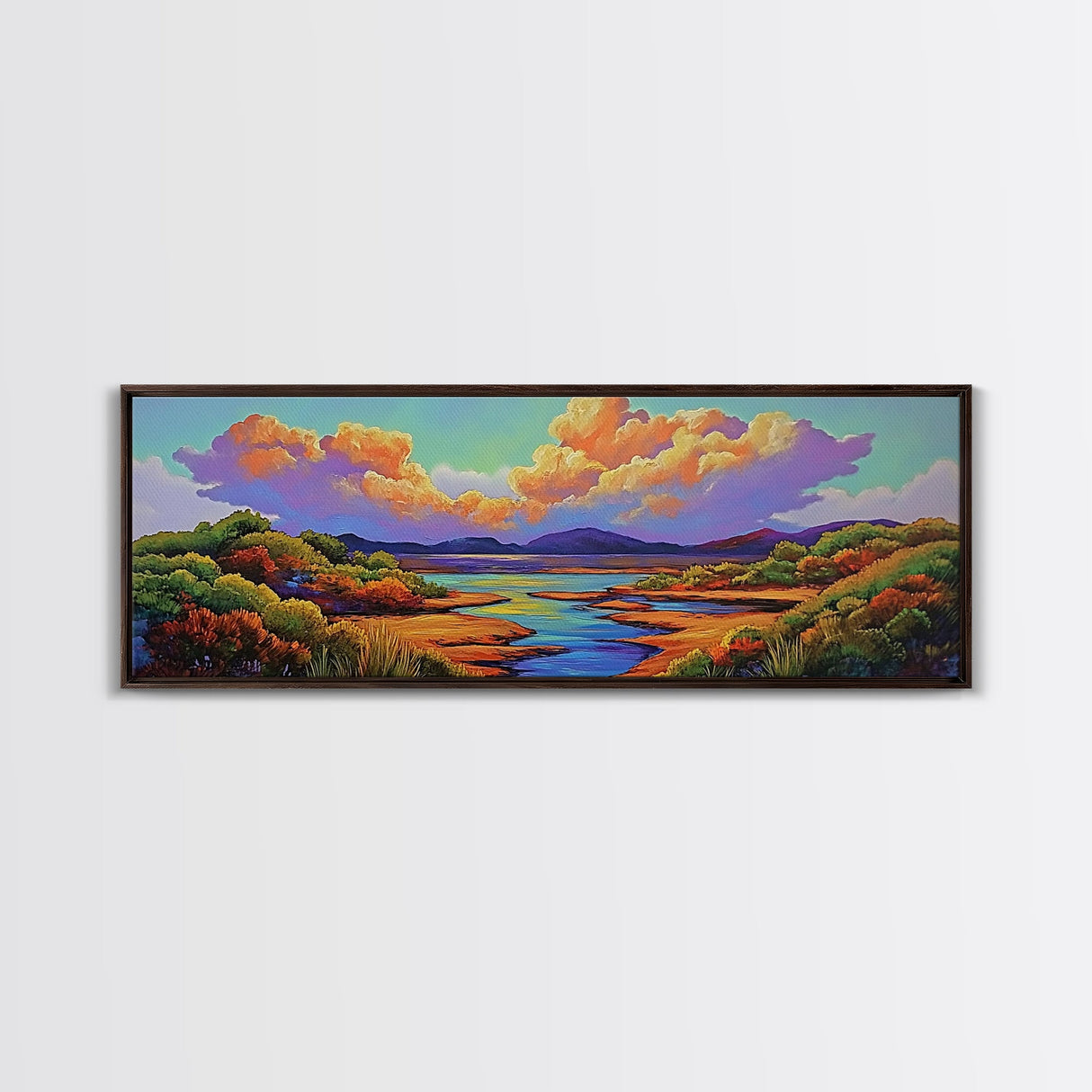 Serene River Sunset, Colorful Landscape Reflection, Nature Wall Scene, Framed Canvas Print, Bedroom Wall Art, Calming Scenic Artwork