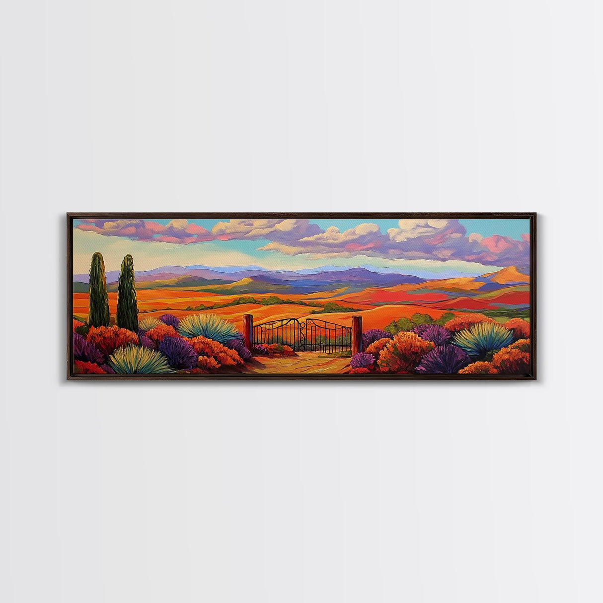 Mountain Sunset View, Western Hillside, Country Valley Gate, Framed Canvas Print, Fall Landscape Art, Rustic Farmhouse Decor