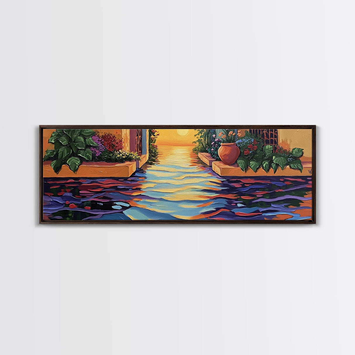 Sunset Canal Garden, Water Reflections, Warm Floral Courtyard, Framed Canvas Print, Kitchen Wall Art, Romantic Boho Artwork
