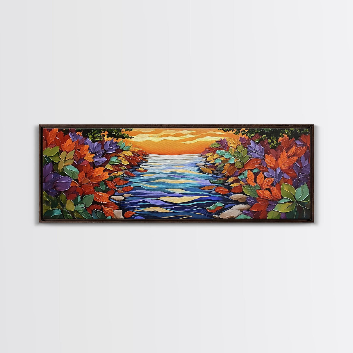 Autumn River Glow, Fall Leaf Reflections, Vibrant Nature Scene, Framed Canvas Print, Rustic Wall Art, Entryway or Dining Room Decor