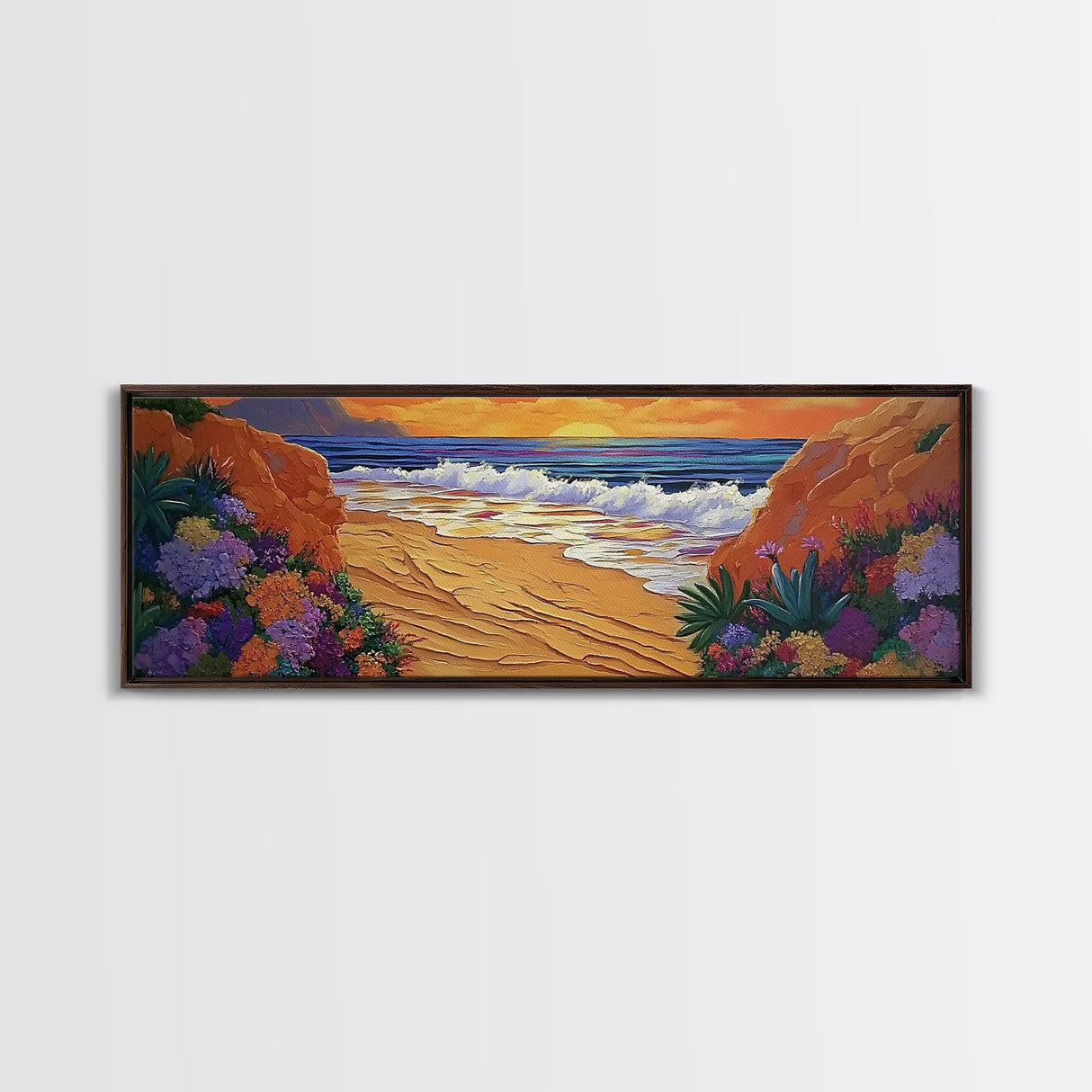 Tropical Cove, Sunset Beach, Colorful Blooms, Coastal Escape Framed Canvas Print, Bedroom Wall Art, Bold Landscape Painting