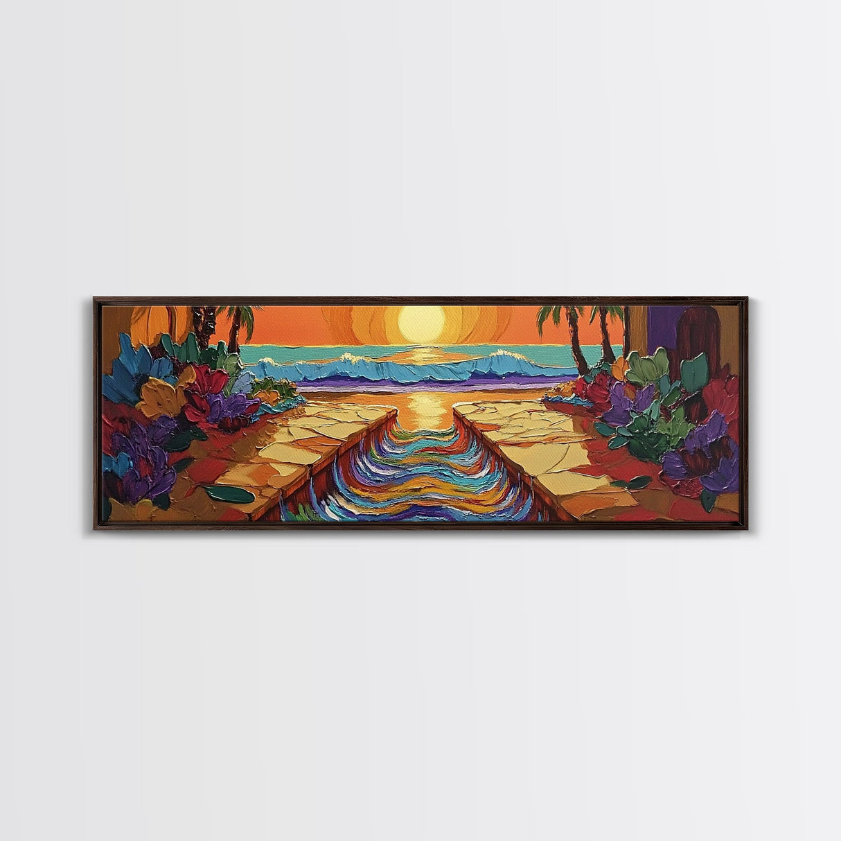 Sunset Path, Ocean View, Tropical Flowers, Canvas Print, Vibrant Beach House Wall Art, Bold Color Decor, Coastal Living Room Art