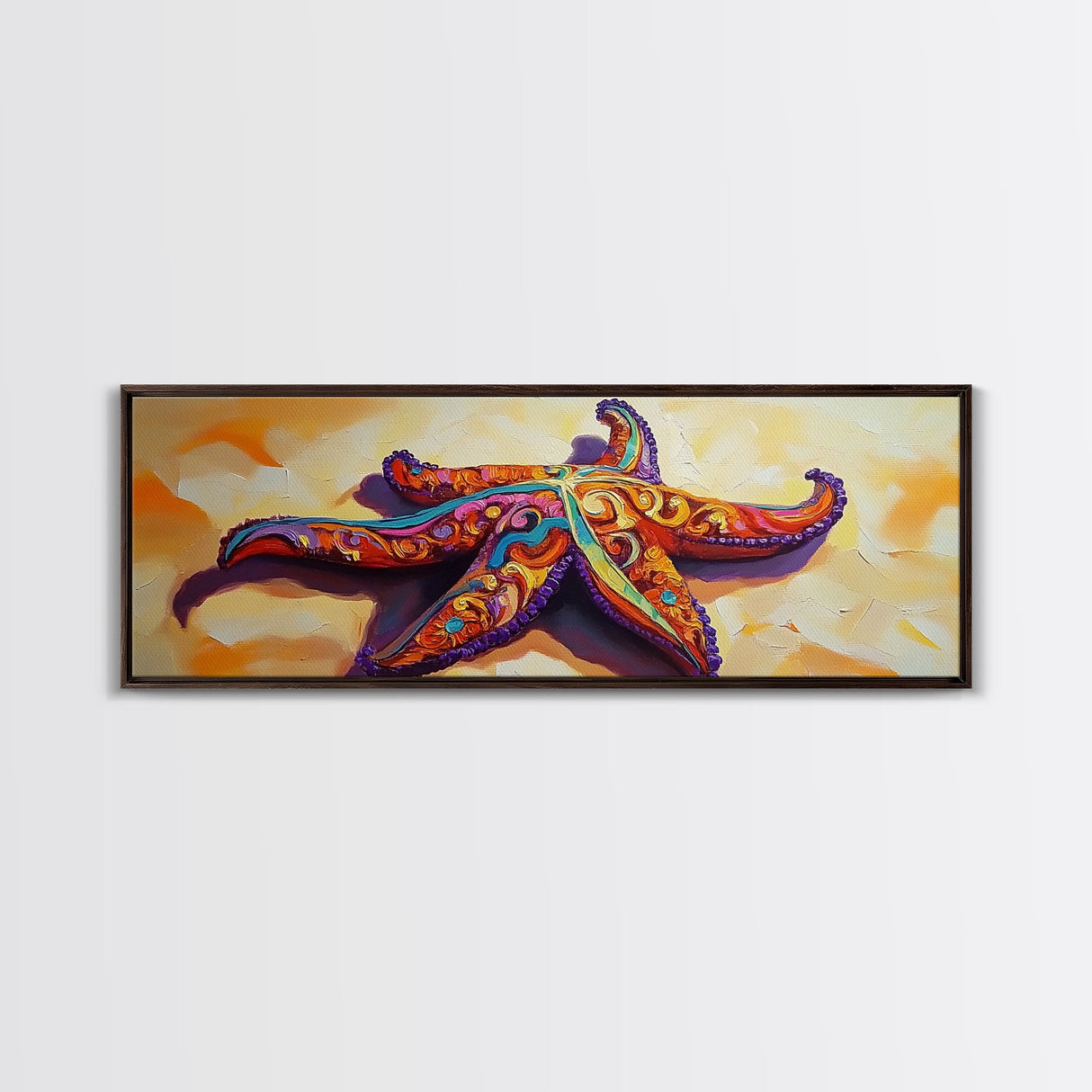 Starfish Pattern, Bold Beach, Ocean Life, Framed Canvas Print, Coastal Bathroom Wall Art, Nautical Boho Decor, Summer Ocean Style