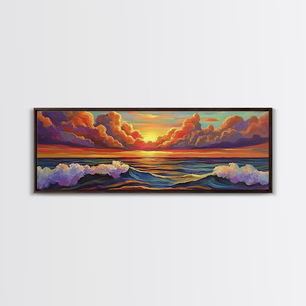 Dramatic Clouds, Sunset Sea, Ocean Glow, Framed Canvas Print, Bold Coastal Wall Art, Colorful Living Room Decor, Dreamy Seascape Style