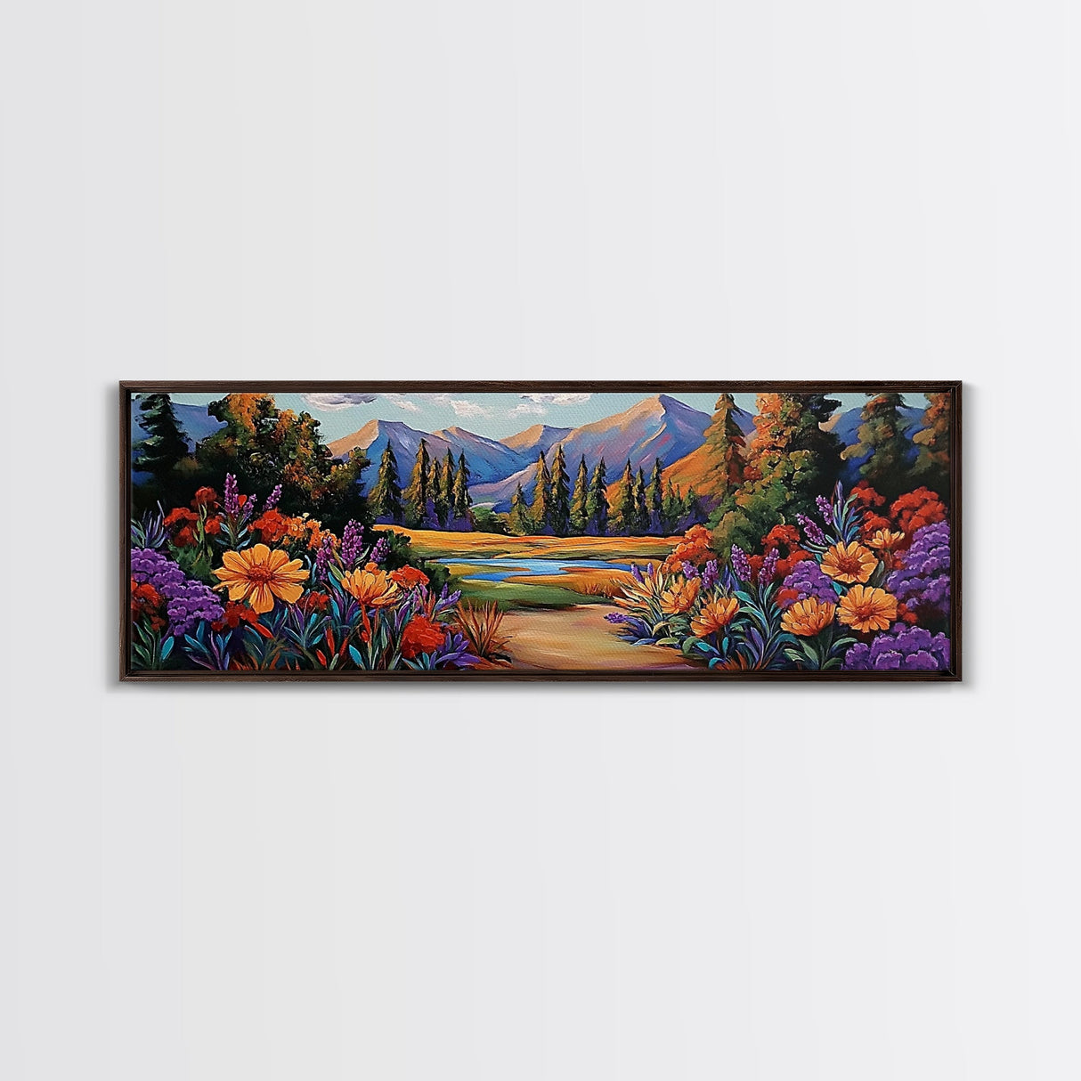 Wildflower Trail Art, Mountain Landscape, Framed Canvas Print, Nature Inspired Decor, Boho Living Room Wall Art, Vibrant Floral Scene