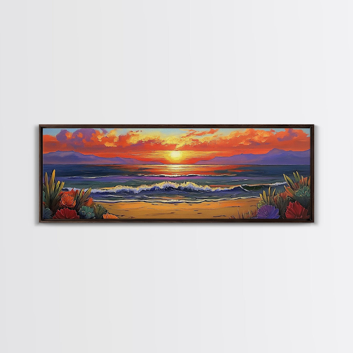 Sunset Shoreline Glow, Coastal Floral Painting, Serene Nature Art, Canvas Print, Boho Beach Decor, Living Room or Bedroom Wall Art