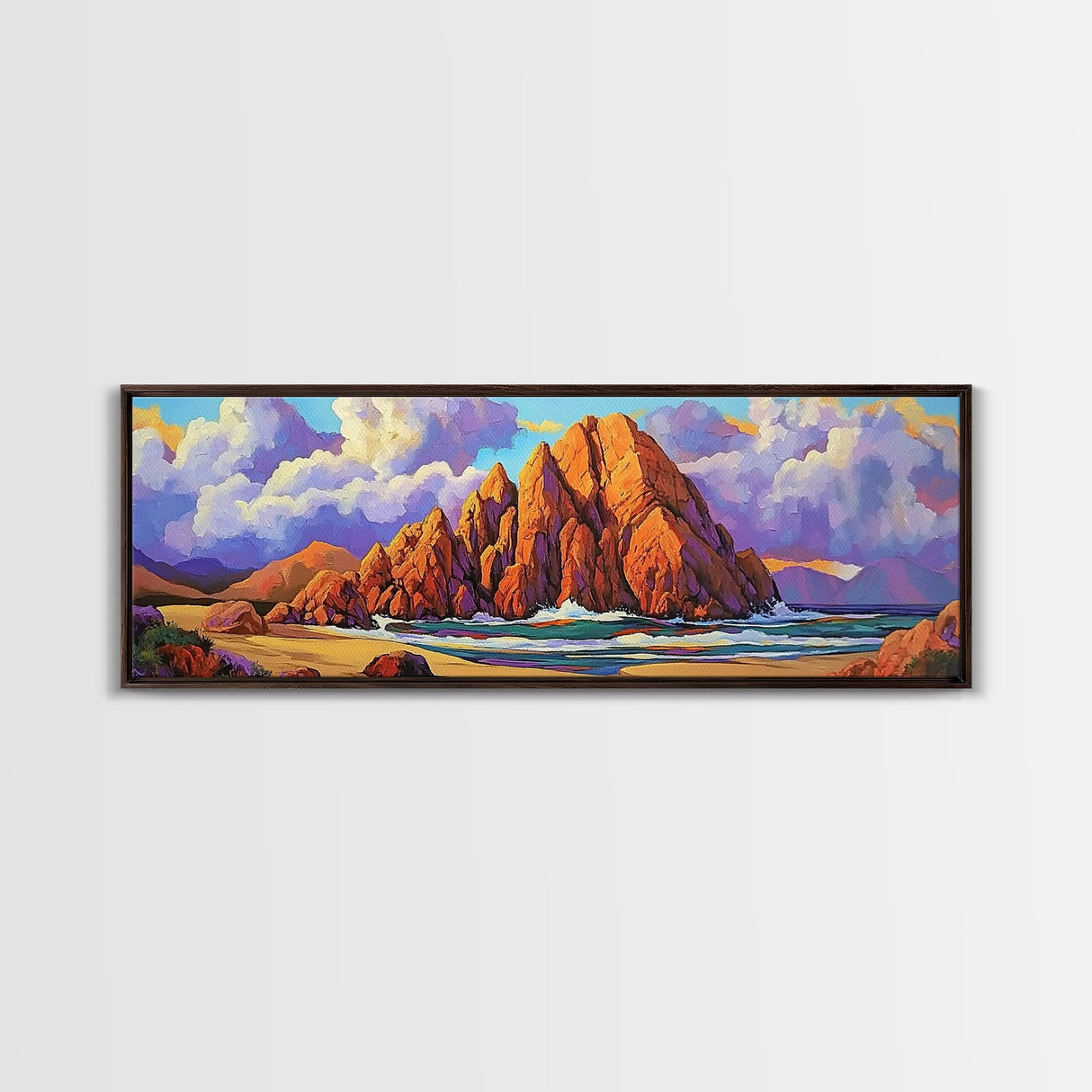 Rocky Beach Escape, Sunset Ocean View, Coastal Nature Art, Canvas Print, Tropical Wall Art, Bold Color Decor, Bedroom Seascape Art