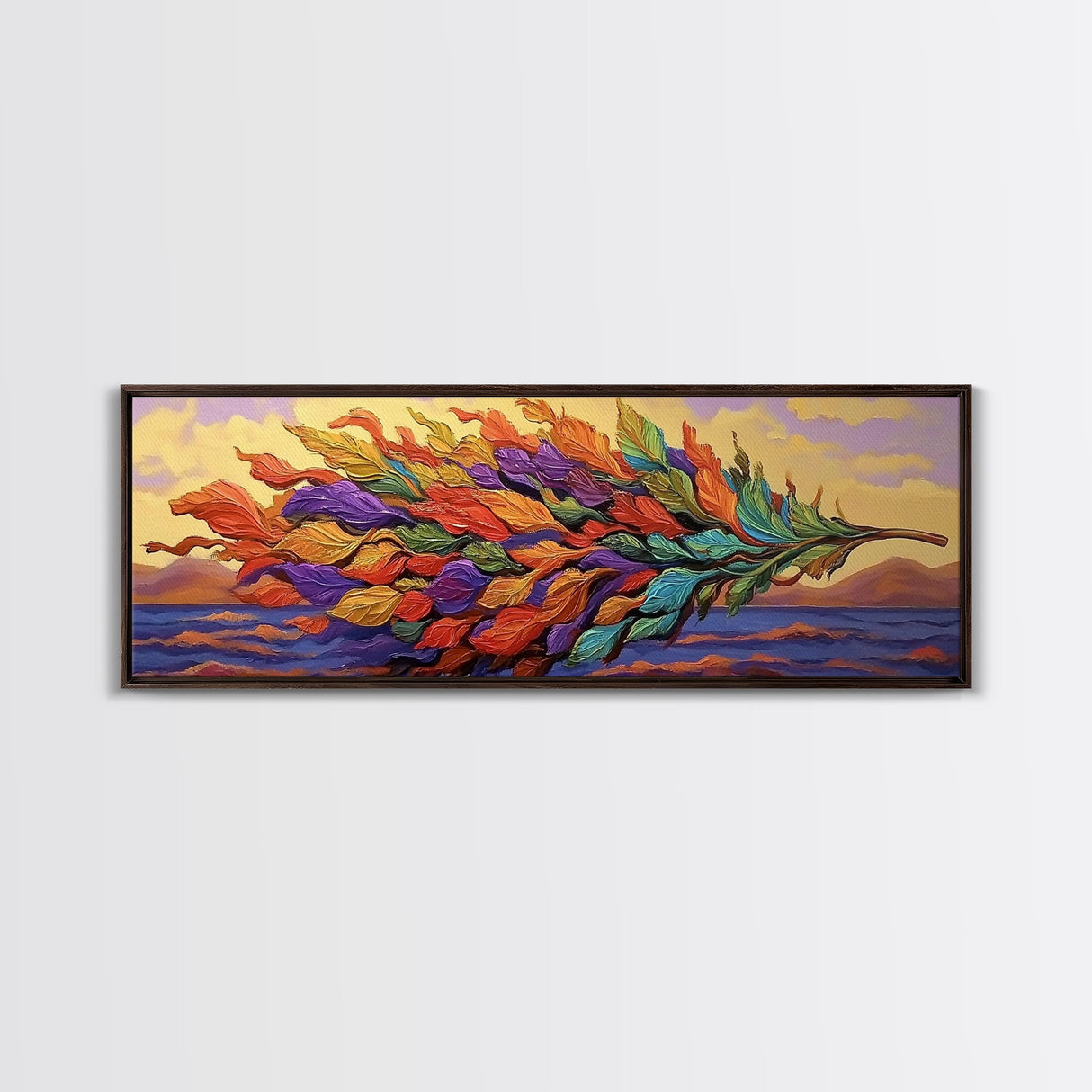 Rainbow Leaf, Nature Abstract, Coastal Breeze, Vibrant Palette, Framed Canvas Print, boho beach decor, colorful fall wall art, living room accent